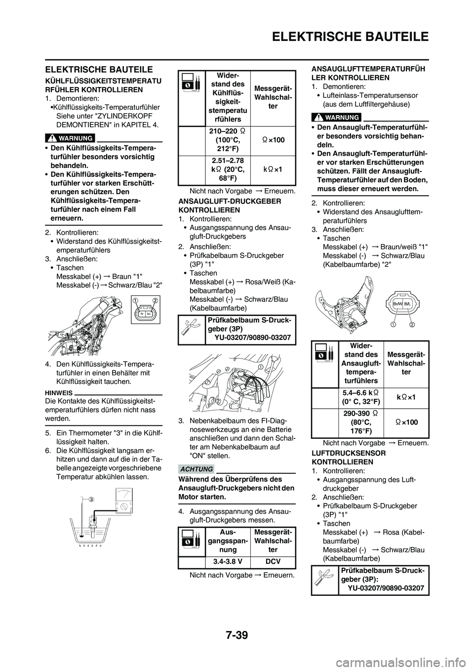 YAMAHA YZ450F 2010 Betriebsanleitungen (in German) 7-39
ELEKTRISCHE BAUTEILE
ELEKTRISCHE BAUTEILE
KÜHLFLÜSSIGKEITSTEMPERATU
RFÜHLER KONTROLLIEREN
1. Demontieren:
•Kühlflüssigkeits-Temperaturfühler
Siehe unter "ZYLINDERKOPF
DEMONTIEREN" in KAP YAMAHA YZ450F 2010 Betriebsanleitungen (in German) 7-39
ELEKTRISCHE BAUTEILE
ELEKTRISCHE BAUTEILE
KÜHLFLÜSSIGKEITSTEMPERATU
RFÜHLER KONTROLLIEREN
1. Demontieren:
•Kühlflüssigkeits-Temperaturfühler
Siehe unter "ZYLINDERKOPF
DEMONTIEREN" in KAP