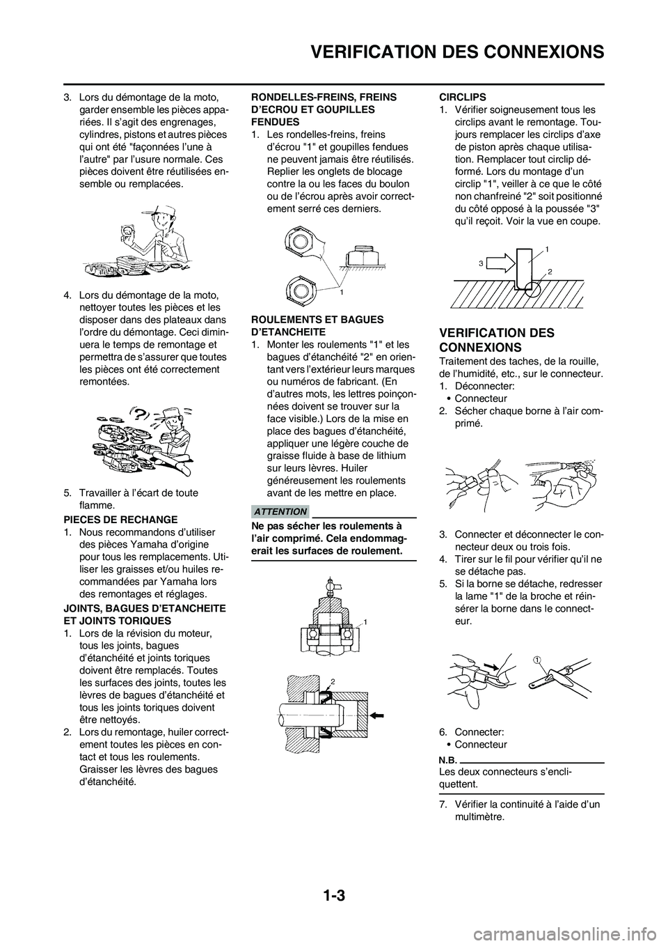 YAMAHA YZ450F 2009  Notices Demploi (in French) 1-3
VERIFICATION DES CONNEXIONS
3. Lors du démontage de la moto, 
garder ensemble les pièces appa-
riées. Il s’agit des engrenages, 
cylindres, pistons et autres pièces 
qui ont été "façonné