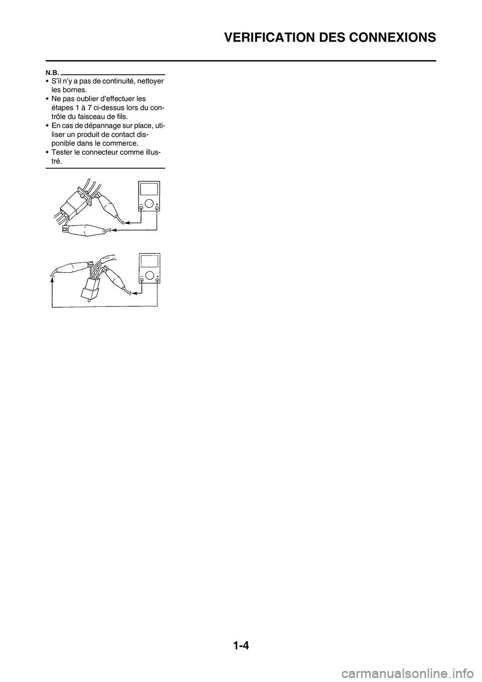 YAMAHA YZ450F 2009  Notices Demploi (in French) 1-4
VERIFICATION DES CONNEXIONS
• S’il n’y a pas de continuité, nettoyer 
les bornes.
• Ne pas oublier d’effectuer les 
étapes 1 à 7 ci-dessus lors du con-
trôle du faisceau de fils.
•