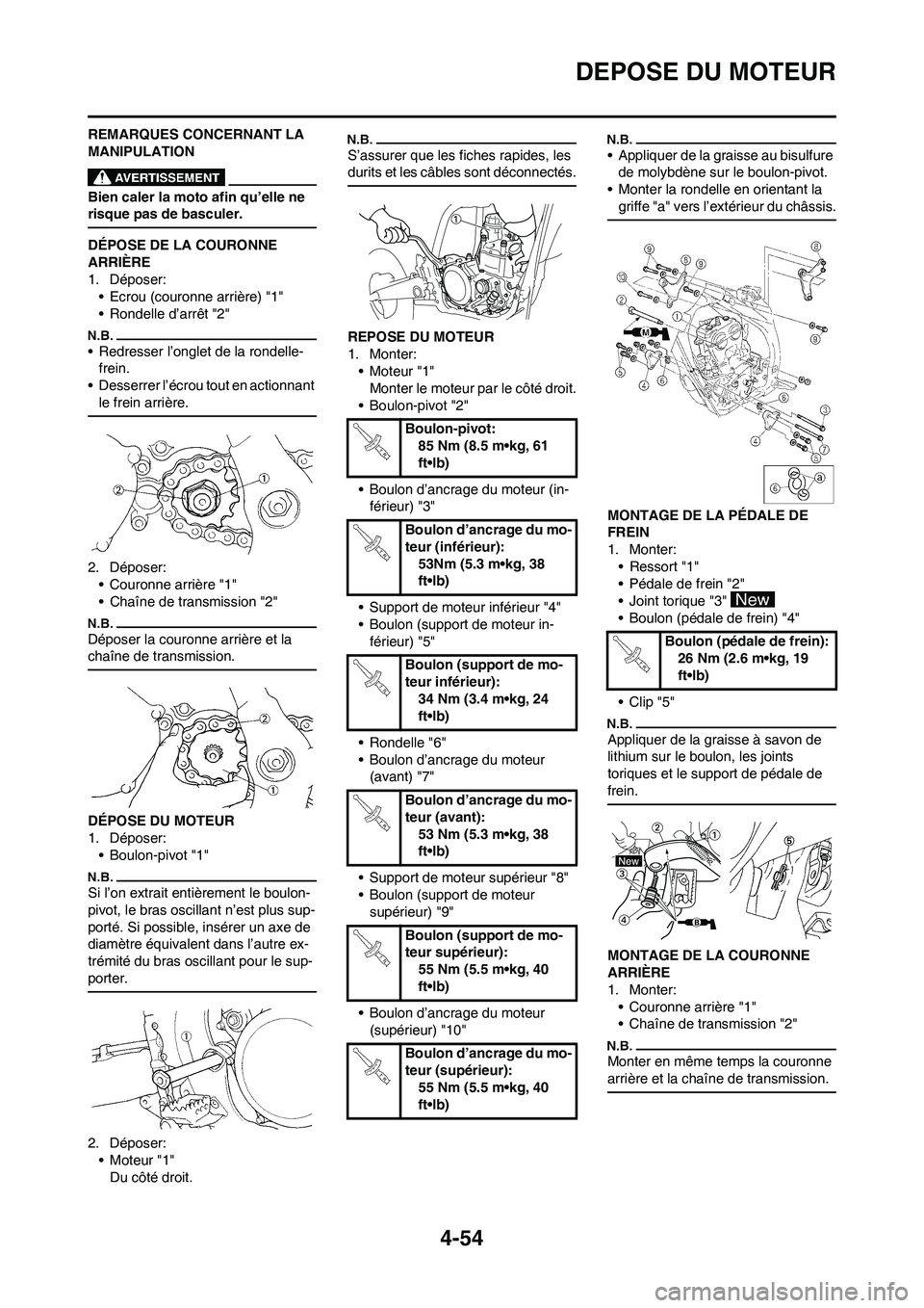 YAMAHA YZ450F 2009  Notices Demploi (in French) 4-54
DEPOSE DU MOTEUR
REMARQUES CONCERNANT LA 
MANIPULATION
Bien caler la moto afin qu’elle ne 
risque pas de basculer.
DÉPOSE DE LA COURONNE 
ARRIÈRE
1. Déposer:
• Ecrou (couronne arrière) "1