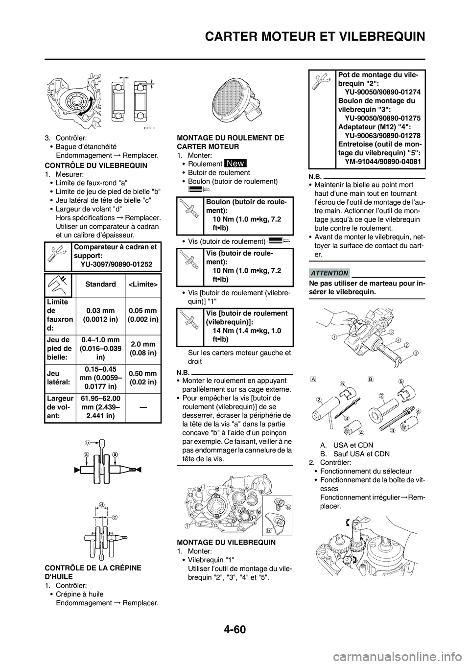 YAMAHA YZ450F 2009  Notices Demploi (in French) 4-60
CARTER MOTEUR ET VILEBREQUIN
3. Contrôler:
• Bague d’étanchéité
Endommagement→Remplacer.
CONTRÔLE DU VILEBREQUIN
1. Mesurer:
• Limite de faux-rond "a"
• Limite de jeu de pied de bi