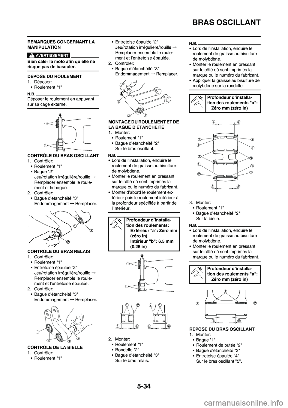 YAMAHA YZ450F 2009  Notices Demploi (in French) 5-34
BRAS OSCILLANT
REMARQUES CONCERNANT LA 
MANIPULATION
Bien caler la moto afin qu’elle ne 
risque pas de basculer.
DÉPOSE DU ROULEMENT
1. Déposer:
• Roulement "1"
Déposer le roulement en app