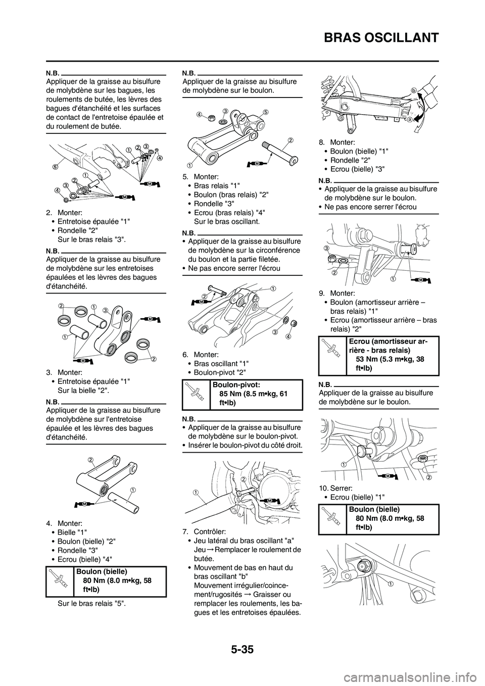 YAMAHA YZ450F 2009  Notices Demploi (in French) 5-35
BRAS OSCILLANT
Appliquer de la graisse au bisulfure 
de molybdène sur les bagues, les 
roulements de butée, les lèvres des 
bagues détanchéité et les surfaces 
de contact de lentretoise 