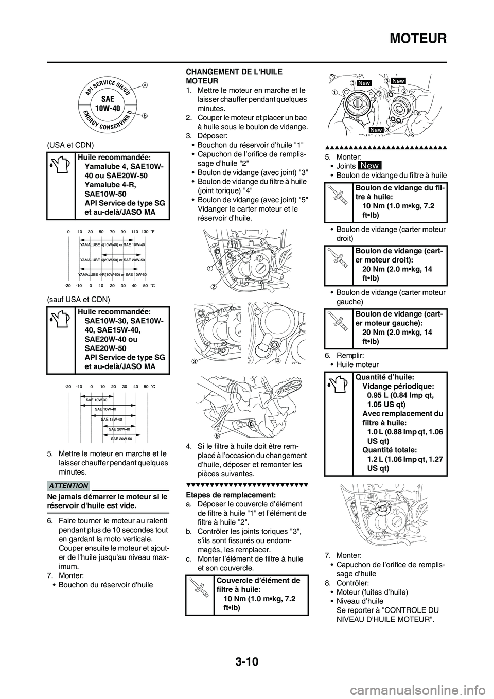 YAMAHA YZ450F 2009  Notices Demploi (in French) 3-10
MOTEUR
(USA et CDN)
(sauf USA et CDN)
5. Mettre le moteur en marche et le 
laisser chauffer pendant quelques 
minutes.
Ne jamais démarrer le moteur si le 
réservoir dhuile est vide.
6. Faire t