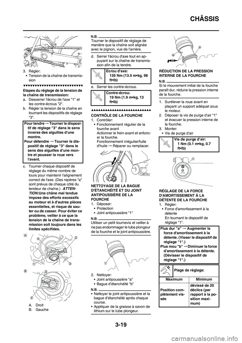 YAMAHA YZ450F 2009  Notices Demploi (in French) 3-19
CHÂSSIS
3. Régler:
• Tension de la chaîne de transmis-
sion
Etapes du réglage de la tension de 
la chaîne de transmission:
a. Desserrer lécrou de laxe "1" et 
les contre-écrous "2".
b.