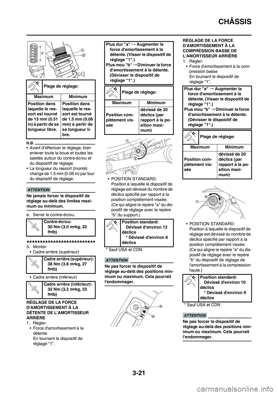 YAMAHA YZ450F 2009  Notices Demploi (in French) 3-21
CHÂSSIS
• Avant deffectuer le réglage, bien 
enlever toute la boue et toutes les 
saletés autour du contre-écrou et 
du dispositif de réglage.
• La longueur du ressort (monté) 
change 