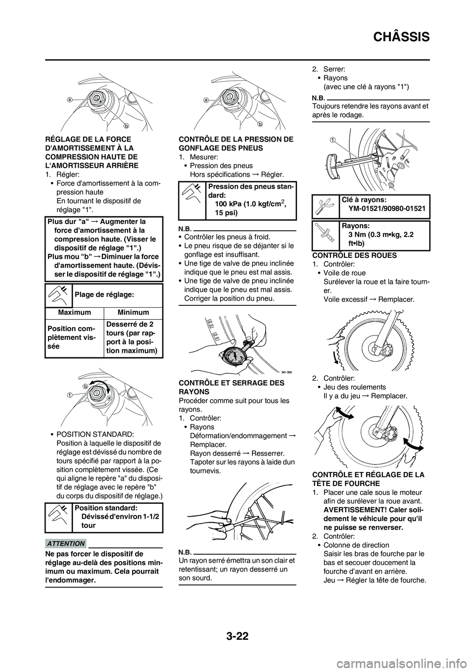 YAMAHA YZ450F 2009  Notices Demploi (in French) 3-22
CHÂSSIS
RÉGLAGE DE LA FORCE 
DAMORTISSEMENT À LA 
COMPRESSION HAUTE DE 
LAMORTISSEUR ARRIÈRE
1. Régler:
• Force damortissement à la com-
pression haute
En tournant le dispositif de 
r