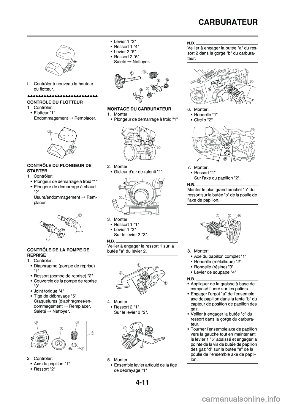 YAMAHA YZ450F 2009  Notices Demploi (in French) 4-11
CARBURATEUR
f. Contrôler à nouveau la hauteur 
du flotteur.
CONTRÔLE DU FLOTTEUR
1. Contrôler:
• Flotteur "1"
Endommagement→Remplacer.
CONTRÔLE DU PLONGEUR DE 
STARTER
1. Contrôler:
•