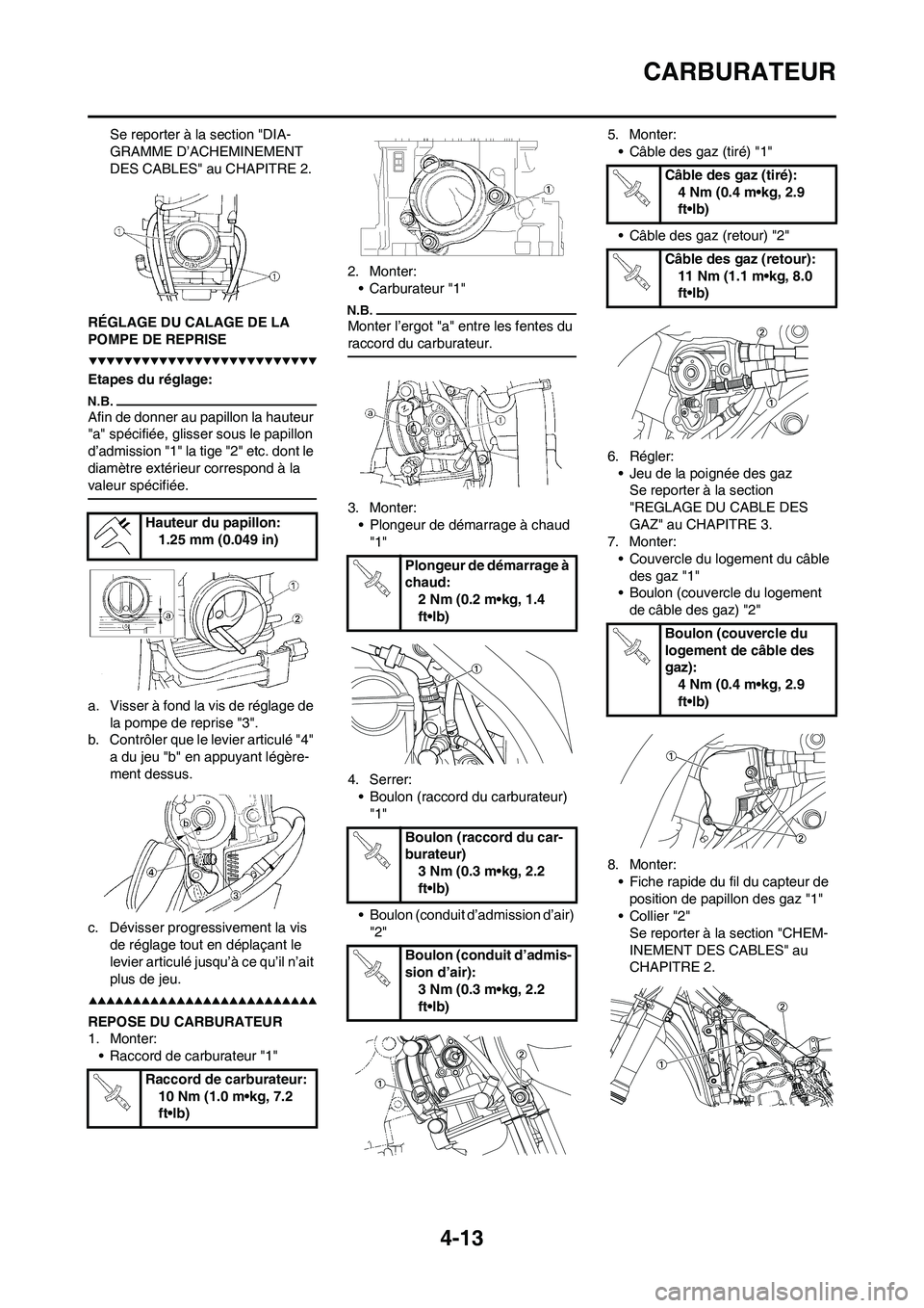 YAMAHA YZ450F 2009  Notices Demploi (in French) 4-13
CARBURATEUR
Se reporter à la section "DIA-
GRAMME D’ACHEMINEMENT 
DES CABLES" au CHAPITRE 2.
RÉGLAGE DU CALAGE DE LA 
POMPE DE REPRISE
Etapes du réglage:
Afin de donner au papillon la hauteu