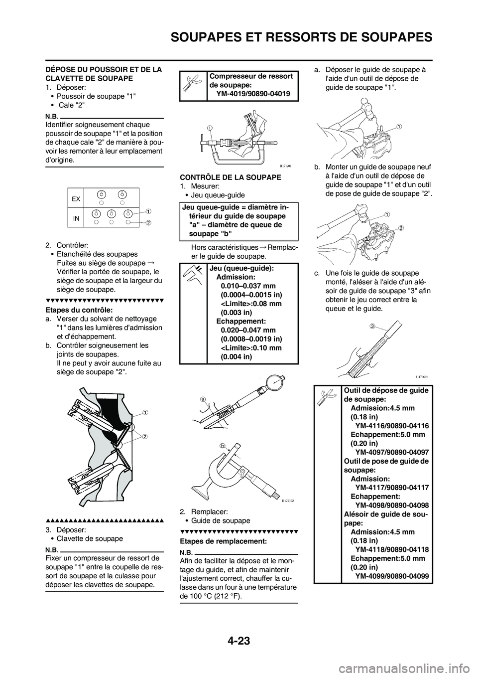 YAMAHA YZ450F 2009  Notices Demploi (in French) 4-23
SOUPAPES ET RESSORTS DE SOUPAPES
DÉPOSE DU POUSSOIR ET DE LA 
CLAVETTE DE SOUPAPE
1. Déposer:
• Poussoir de soupape "1"
• Cale "2"
Identifier soigneusement chaque 
poussoir de soupape "1" e