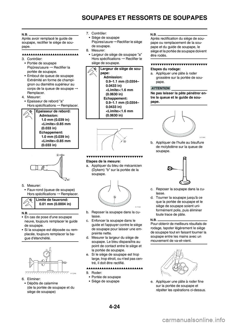 YAMAHA YZ450F 2009  Notices Demploi (in French) 4-24
SOUPAPES ET RESSORTS DE SOUPAPES
Après avoir remplacé le guide de 
soupape, rectifier le siège de sou-
pape.
3. Contrôler:
• Portée de soupape
Piqûres/usure→Rectifier la 
portée de sou