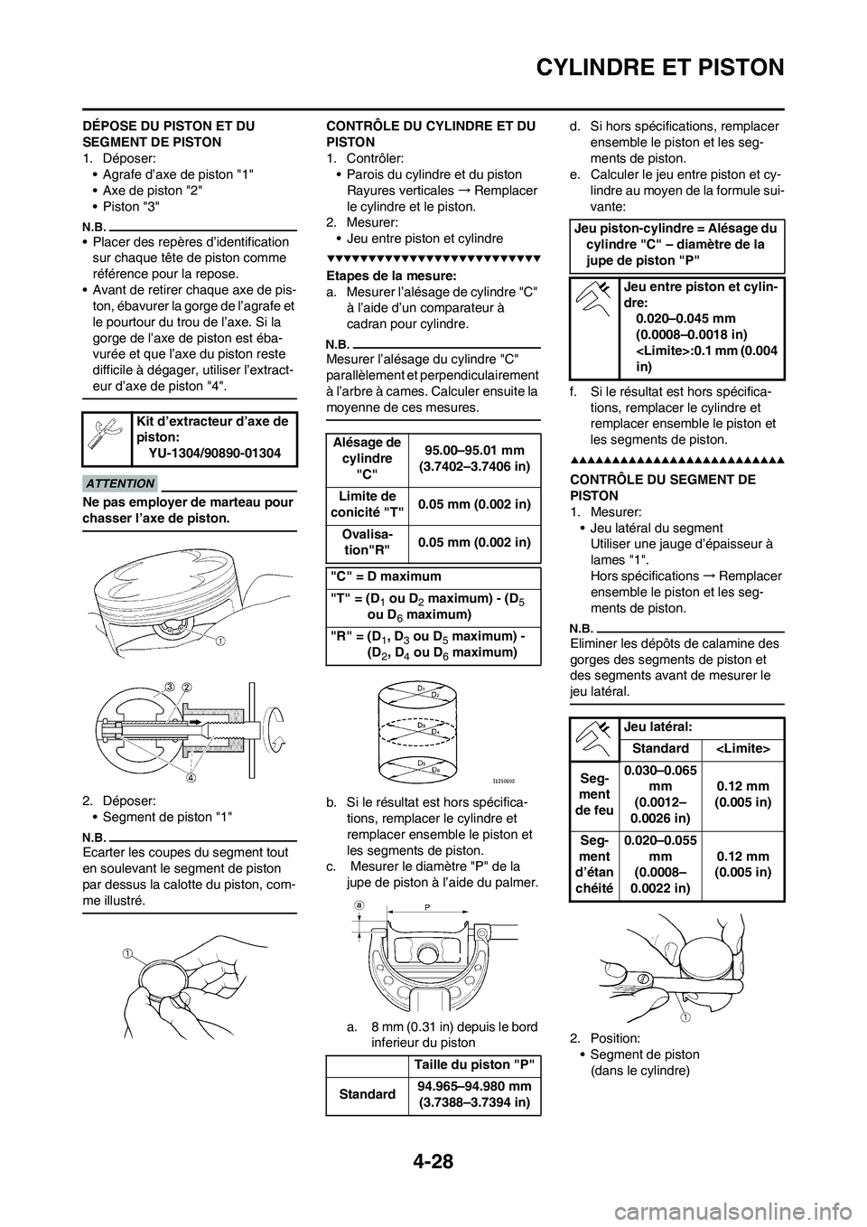 YAMAHA YZ450F 2009  Notices Demploi (in French) 4-28
CYLINDRE ET PISTON
DÉPOSE DU PISTON ET DU 
SEGMENT DE PISTON
1. Déposer:
• Agrafe d’axe de piston "1"
• Axe de piston "2"
•Piston "3"
• Placer des repères d’identification 
sur cha