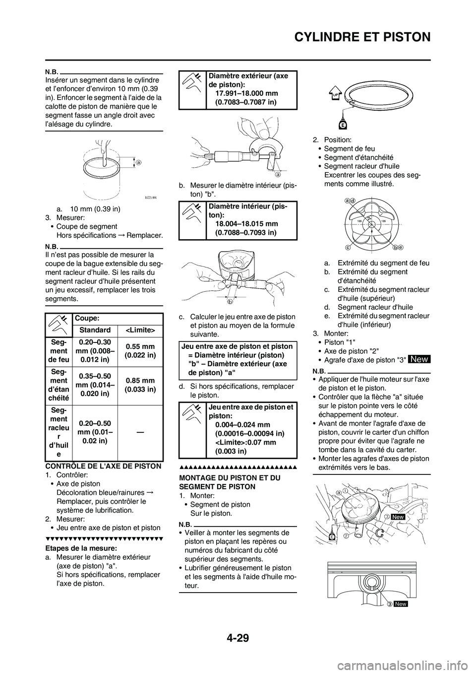 YAMAHA YZ450F 2009  Notices Demploi (in French) 4-29
CYLINDRE ET PISTON
Insérer un segment dans le cylindre 
et l’enfoncer d’environ 10 mm (0.39 
in). Enfoncer le segment à l’aide de la 
calotte de piston de manière que le 
segment fasse u