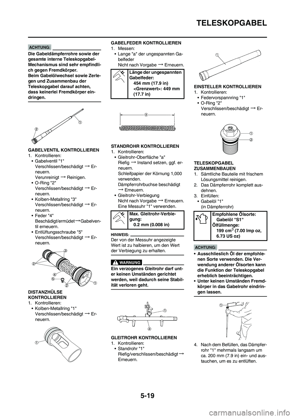 YAMAHA YZ450F 2008  Betriebsanleitungen (in German) 5-19
TELESKOPGABEL
Die Gabeldämpferrohre sowie der 
gesamte interne Teleskopgabel- 
Mechanismus sind sehr empfindli-
ch gegen Fremdkörper.
Beim Gabelölwechsel sowie Zerle-
gen und Zusammenbau der 
