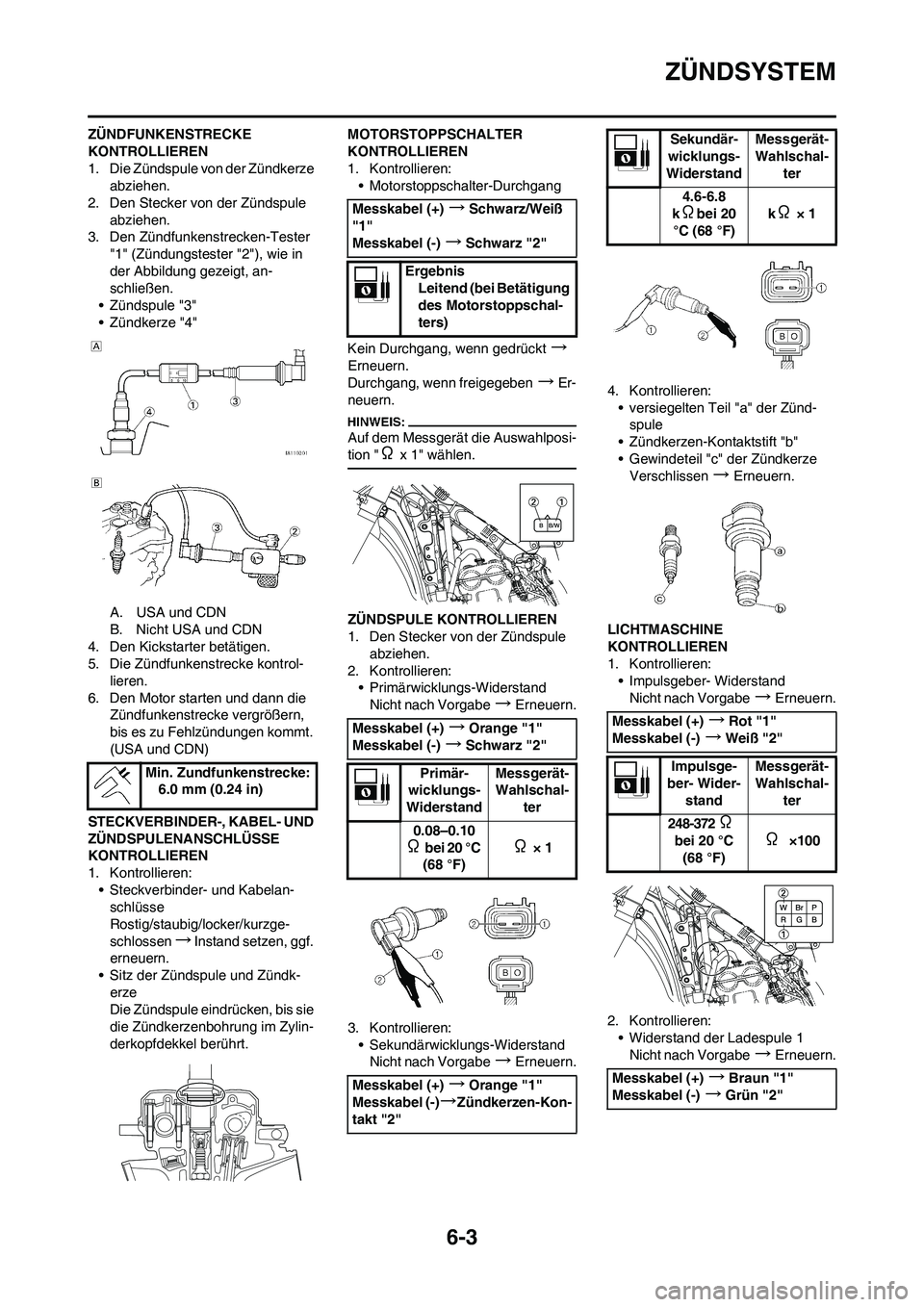 YAMAHA YZ450F 2008 Betriebsanleitungen (in German) 6-3
ZÜNDSYSTEM
ZÜNDFUNKENSTRECKE
KONTROLLIEREN
1. Die Zündspule von der Zündkerze
abziehen.
2. Den Stecker von der Zündspule
abziehen.
3. Den Zündfunkenstrecken-Tester
"1" (Zündungstester " YAMAHA YZ450F 2008 Betriebsanleitungen (in German) 6-3
ZÜNDSYSTEM
ZÜNDFUNKENSTRECKE
KONTROLLIEREN
1. Die Zündspule von der Zündkerze
abziehen.
2. Den Stecker von der Zündspule
abziehen.
3. Den Zündfunkenstrecken-Tester
"1" (Zündungstester "
