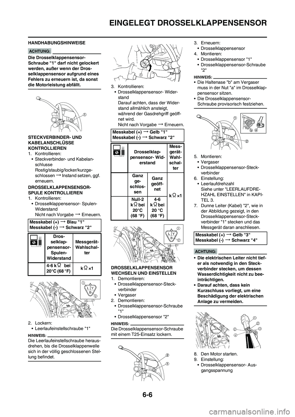 YAMAHA YZ450F 2008  Betriebsanleitungen (in German) 6-6
EINGELEGT DROSSELKLAPPENSENSOR
HANDHABUNGSHINWEISE
Die Drosselklappensensor-
Schraube "1" darf nicht gelockert 
werden, außer wenn der Dros-
selklappensensor aufgrund eines 
Fehlers zu erneuern i