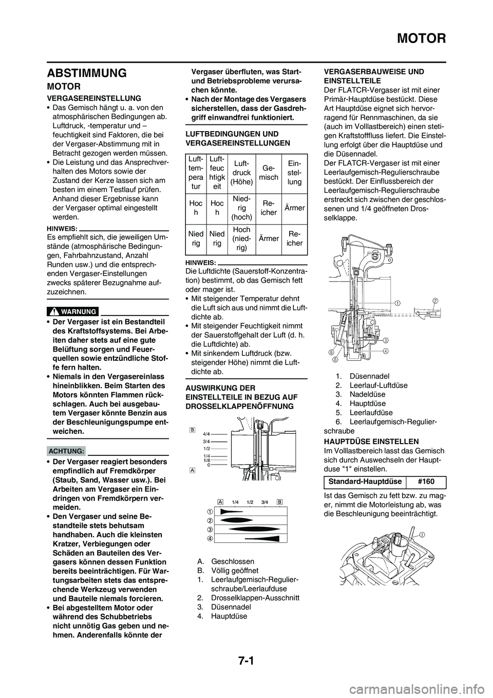 YAMAHA YZ450F 2008  Betriebsanleitungen (in German) 7-1
MOTOR
ABSTIMMUNG
MOTOR
VERGASEREINSTELLUNG
• Das Gemisch hängt u. a. von den 
atmosphärischen Bedingungen ab. 
Luftdruck, -temperatur und –
feuchtigkeit sind Faktoren, die bei 
der Vergaser-