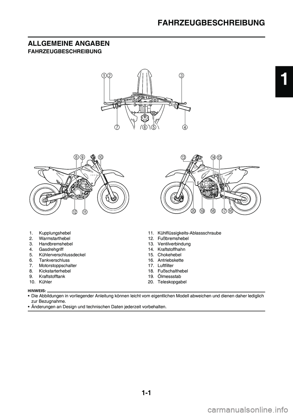 YAMAHA YZ450F 2008  Betriebsanleitungen (in German) 1-1
FAHRZEUGBESCHREIBUNG
ALLGEMEINE ANGABEN
FAHRZEUGBESCHREIBUNG
• Die Abbildungen in vorliegender Anleitung können leicht vom eigentlichen Modell abweichen und dienen daher lediglich 
zur Bezugnah