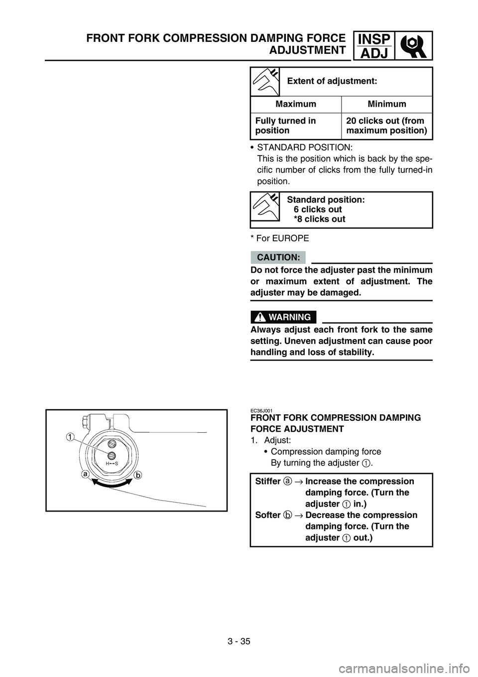 YAMAHA YZ450F 2007  Owners Manual 3 - 35
INSP
ADJFRONT FORK COMPRESSION DAMPING FORCE
ADJUSTMENT
STANDARD POSITION:
This is the position which is back by the spe-
cific number of clicks from the fully turned-in
position.
* For EUROPE
