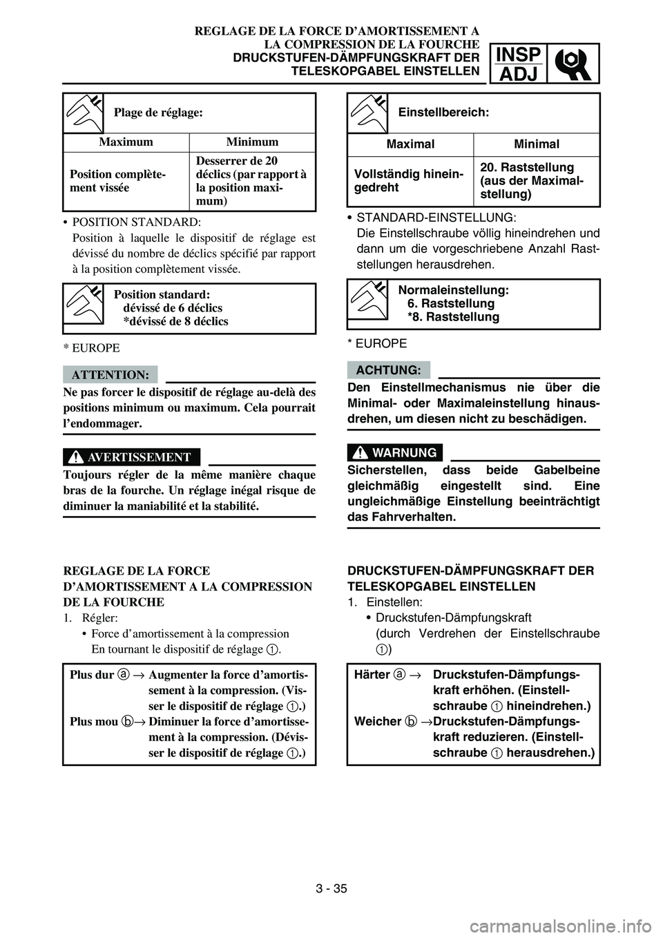 YAMAHA YZ450F 2007  Owners Manual INSP
ADJ
REGLAGE DE LA FORCE D’AMORTISSEMENT A
LA COMPRESSION DE LA FOURCHE
DRUCKSTUFEN-DÄMPFUNGSKRAFT DER
TELESKOPGABEL EINSTELLEN
STANDARD-EINSTELLUNG:
Die Einstellschraube völlig hineindrehen 