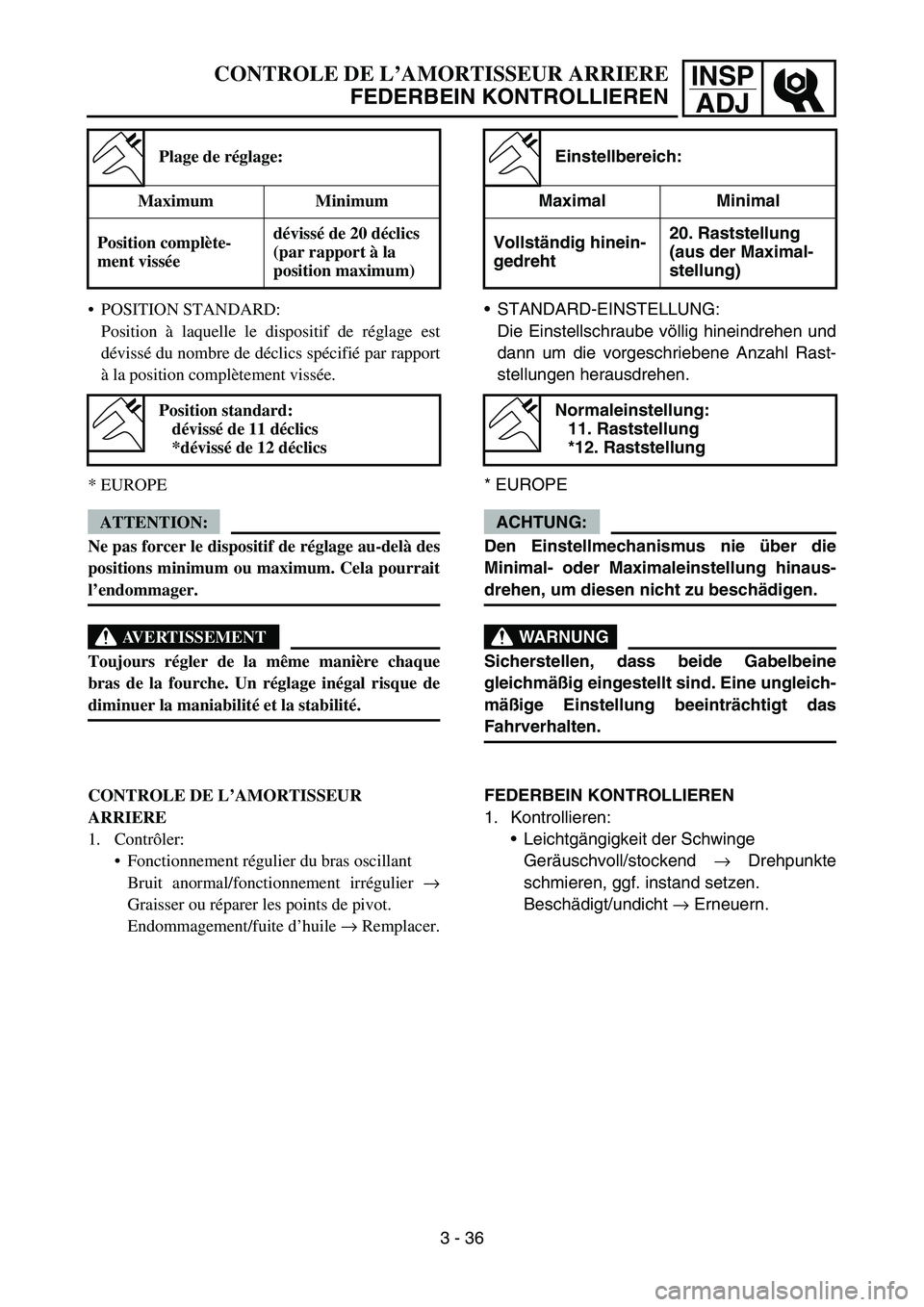 YAMAHA YZ450F 2007  Owners Manual INSP
ADJCONTROLE DE L’AMORTISSEUR ARRIERE
FEDERBEIN KONTROLLIEREN
STANDARD-EINSTELLUNG:
Die Einstellschraube völlig hineindrehen und
dann um die vorgeschriebene Anzahl Rast-
stellungen herausdrehe
