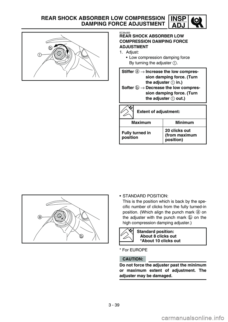 YAMAHA YZ450F 2007  Owners Manual 3 - 39
INSP
ADJREAR SHOCK ABSORBER LOW COMPRESSION
DAMPING FORCE ADJUSTMENT
EC36c000
REAR SHOCK ABSORBER LOW 
COMPRESSION DAMPING FORCE 
ADJUSTMENT
1. Adjust:
Low compression damping force
By turning