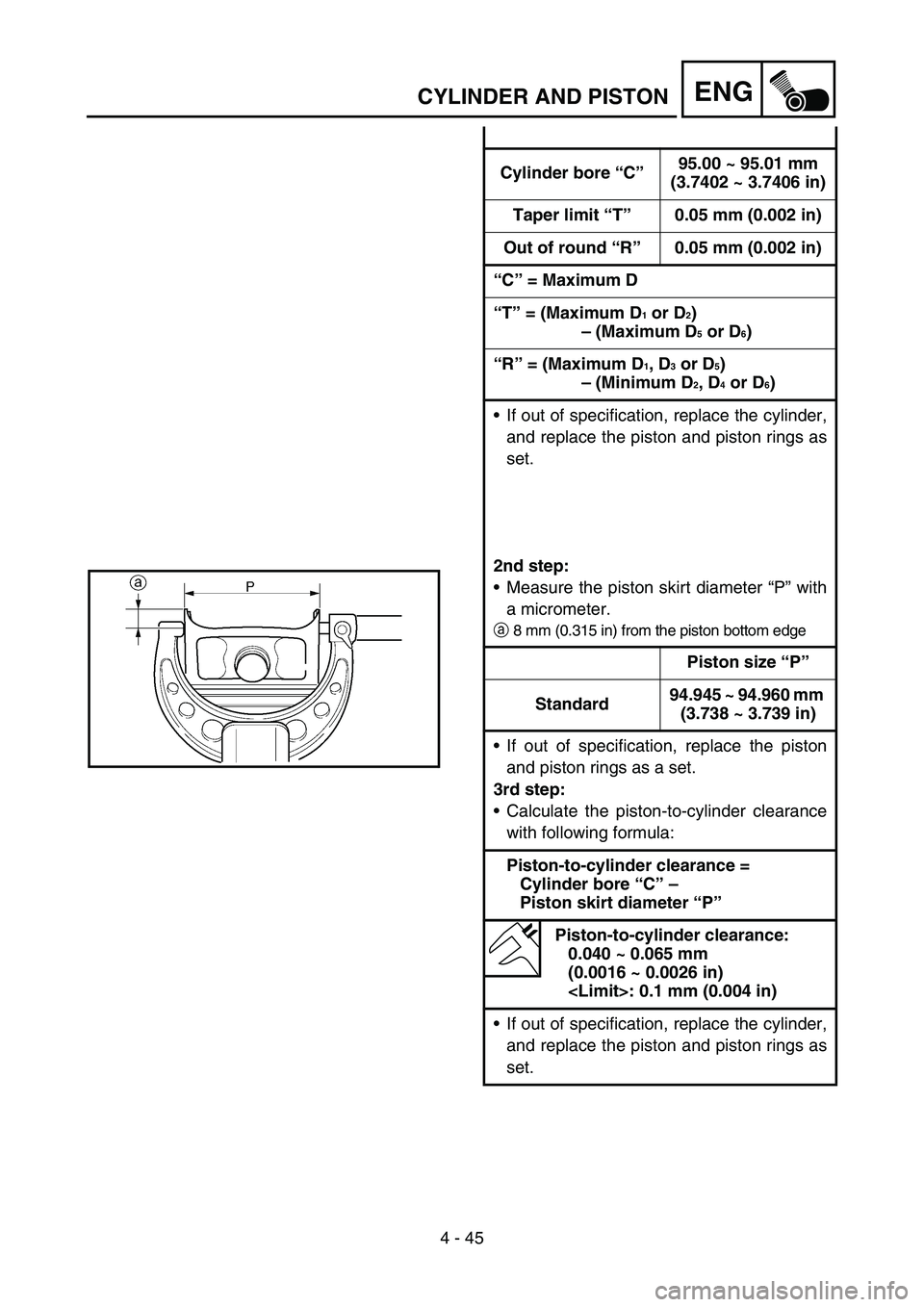 YAMAHA YZ450F 2007  Owners Manual 4 - 45
ENGCYLINDER AND PISTON
Cylinder bore “C”95.00 ~ 95.01 mm
(3.7402 ~ 3.7406 in)
Taper limit “T”0.05 mm (0.002 in)
Out of round “R”0.05 mm (0.002 in)
“C” = Maximum D
“T” = (Max