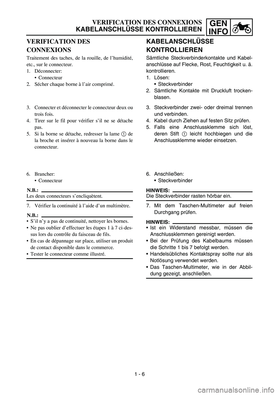 YAMAHA YZ450F 2007 Owners Manual GEN
INFO
KABELANSCHLÜSSE
KONTROLLIEREN
Sämtliche Steckverbinderkontakte und Kabel-
anschlüsse auf Flecke, Rost, Feuchtigkeit u. ä.
kontrollieren.
1. Lösen:
Steckverbinder
2. Sämtliche Kontakte YAMAHA YZ450F 2007 Owners Manual GEN
INFO
KABELANSCHLÜSSE
KONTROLLIEREN
Sämtliche Steckverbinderkontakte und Kabel-
anschlüsse auf Flecke, Rost, Feuchtigkeit u. ä.
kontrollieren.
1. Lösen:
Steckverbinder
2. Sämtliche Kontakte