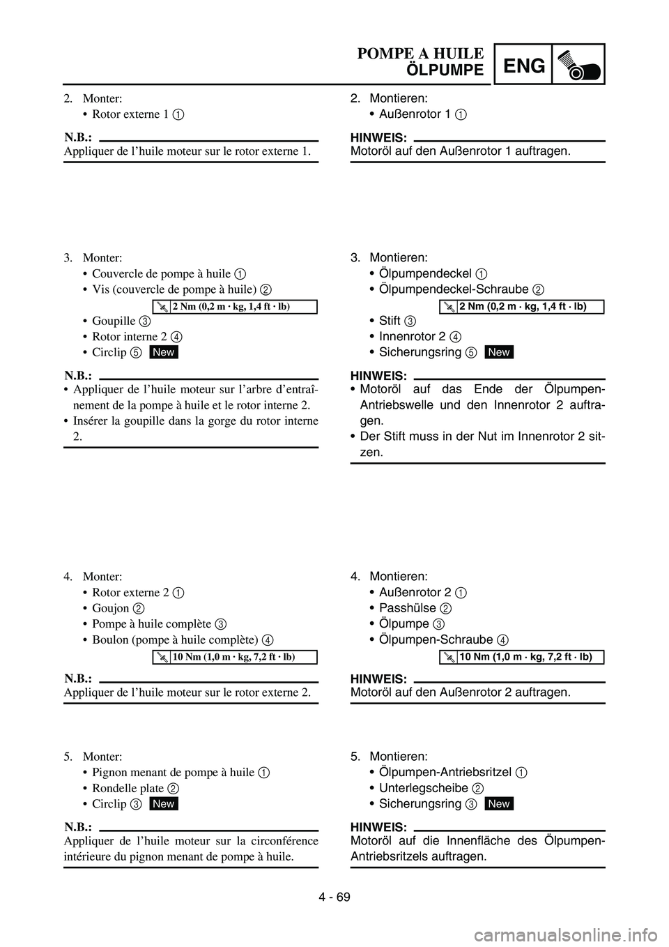 YAMAHA YZ450F 2007 Owners Manual 4 - 69
ENG
2. Montieren:
Außenrotor 1 1
HINWEIS:
Motoröl auf den Außenrotor 1 auftragen.
3. Montieren:
Ölpumpendeckel 1
Ölpumpendeckel-Schraube 2
Stift 3
Innenrotor 2 4
Sicherungsring YAMAHA YZ450F 2007 Owners Manual 4 - 69
ENG
2. Montieren:
Außenrotor 1 1
HINWEIS:
Motoröl auf den Außenrotor 1 auftragen.
3. Montieren:
Ölpumpendeckel 1
Ölpumpendeckel-Schraube 2
Stift 3
Innenrotor 2 4
Sicherungsring