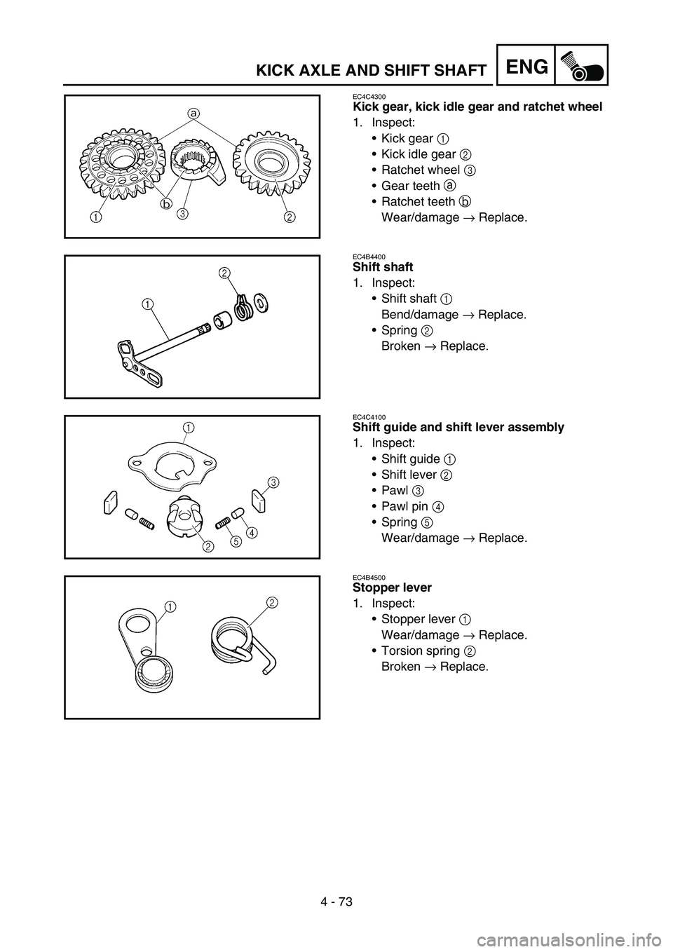 YAMAHA YZ450F 2007  Owners Manual 4 - 73
ENGKICK AXLE AND SHIFT SHAFT
EC4C4300
Kick gear, kick idle gear and ratchet wheel
1. Inspect:
Kick gear 1 
Kick idle gear 2 
Ratchet wheel 3 
Gear teeth a 
Ratchet teeth b 
Wear/damage →