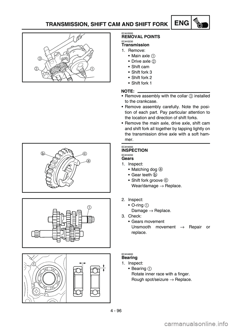 YAMAHA YZ450F 2007  Owners Manual 4 - 96
ENGTRANSMISSION, SHIFT CAM AND SHIFT FORK
EC4H3000
REMOVAL POINTS
EC4H3230
Transmission
1. Remove:
Main axle 1 
Drive axle 2 
Shift cam
Shift fork 3 
Shift fork 2 
Shift fork 1 
NOTE:
Re