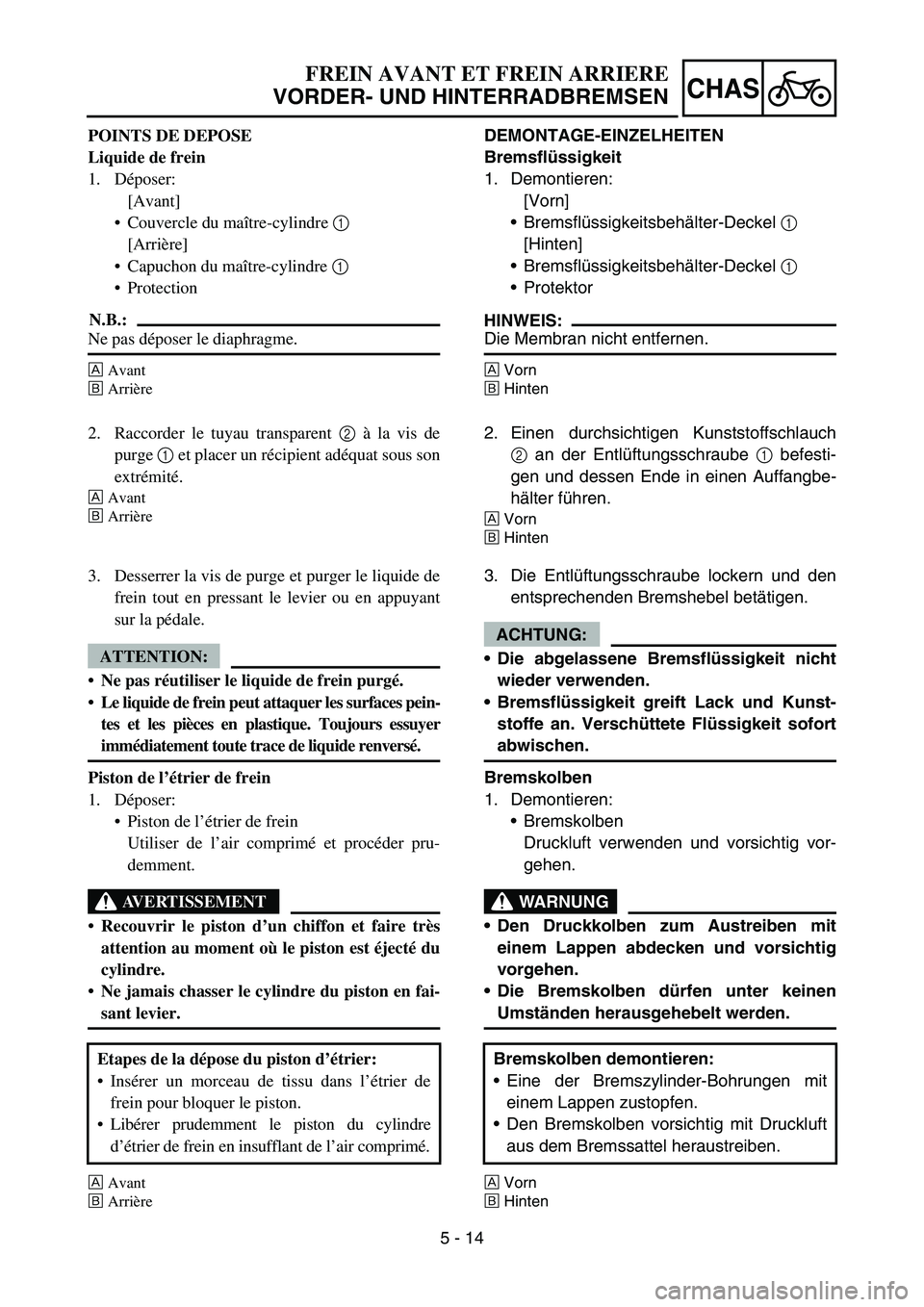 YAMAHA YZ450F 2007  Owners Manual 5 - 14
CHAS
POINTS DE DEPOSE
Liquide de frein
1. Déposer:
[Avant]
Couvercle du maître-cylindre 1 
[Arrière]
Capuchon du maître-cylindre 1 
Protection
N.B.:
Ne pas déposer le diaphragme.
ÈAvan