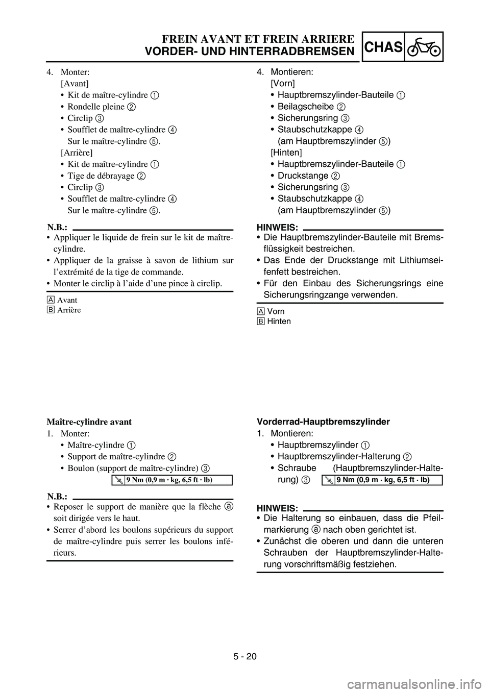 YAMAHA YZ450F 2007  Owners Manual 5 - 20
CHAS
4. Monter:
[Avant]
Kit de maître-cylindre 1 
Rondelle pleine 2 
Circlip 3 
Soufflet de maître-cylindre 4 
Sur le maître-cylindre 5.
[Arrière]
Kit de maître-cylindre 1 
Tige de d