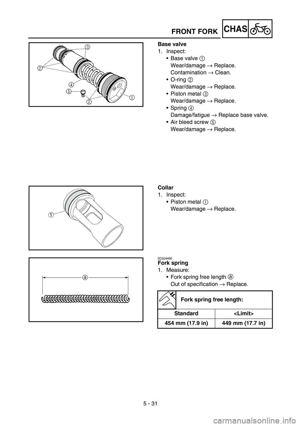 YAMAHA YZ450F 2007  Owners Manual 5 - 31
CHAS
Base valve
1. Inspect:
Base valve 1 
Wear/damage → Replace.
Contamination → Clean.
O-ring 2 
Wear/damage → Replace.
Piston metal 3 
Wear/damage → Replace.
Spring 4 
Damage/fati