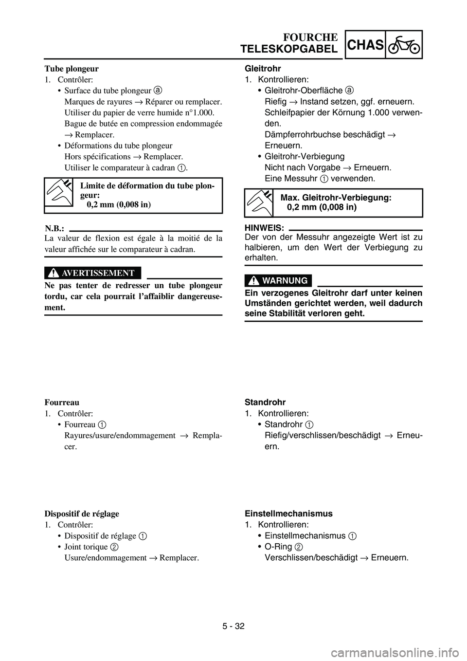 YAMAHA YZ450F 2007 Owners Manual 5 - 32
CHAS
Tube plongeur
1. Contrôler:
Surface du tube plongeur a
Marques de rayures → Réparer ou remplacer.
Utiliser du papier de verre humide n°1.000.
Bague de butée en compression endommag YAMAHA YZ450F 2007 Owners Manual 5 - 32
CHAS
Tube plongeur
1. Contrôler:
Surface du tube plongeur a
Marques de rayures → Réparer ou remplacer.
Utiliser du papier de verre humide n°1.000.
Bague de butée en compression endommag