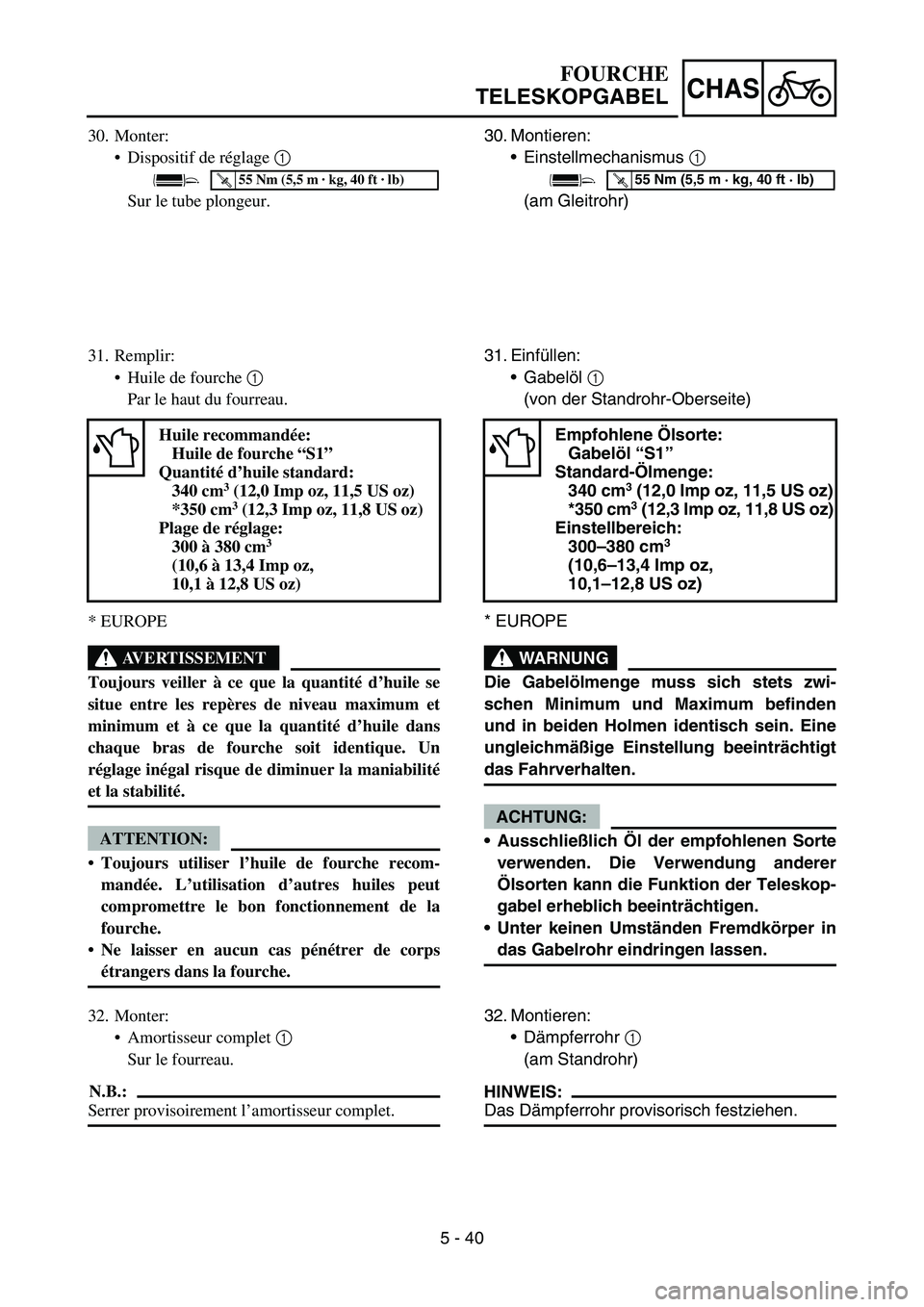 YAMAHA YZ450F 2007 Owners Manual 5 - 40
CHAS
30. Montieren:
Einstellmechanismus 1
(am Gleitrohr)
T R..55 Nm (5,5 m · kg, 40 ft · lb)
31. Einfüllen:
Gabelöl 1
(von der Standrohr-Oberseite)
* EUROPE
WARNUNG
Die Gabelölmenge mu YAMAHA YZ450F 2007 Owners Manual 5 - 40
CHAS
30. Montieren:
Einstellmechanismus 1
(am Gleitrohr)
T R..55 Nm (5,5 m · kg, 40 ft · lb)
31. Einfüllen:
Gabelöl 1
(von der Standrohr-Oberseite)
* EUROPE
WARNUNG
Die Gabelölmenge mu