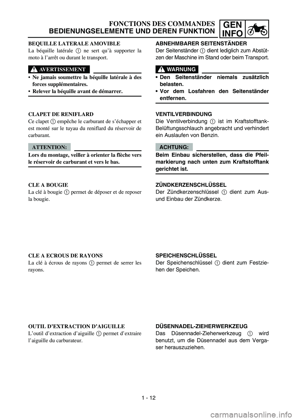 YAMAHA YZ450F 2007 Owners Manual GEN
INFO
ABNEHMBARER SEITENSTÄNDER
Der Seitenständer 1 dient lediglich zum Abstüt-
zen der Maschine im Stand oder beim Transport.
WARNUNG
Den Seitenständer niemals zusätzlich
belasten.
Vor dem YAMAHA YZ450F 2007 Owners Manual GEN
INFO
ABNEHMBARER SEITENSTÄNDER
Der Seitenständer 1 dient lediglich zum Abstüt-
zen der Maschine im Stand oder beim Transport.
WARNUNG
Den Seitenständer niemals zusätzlich
belasten.
Vor dem