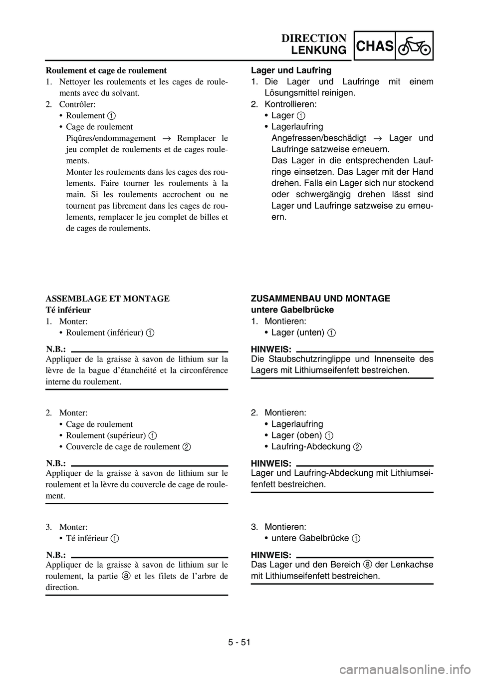 YAMAHA YZ450F 2007 Owners Manual 5 - 51
CHAS
Roulement et cage de roulement
1. Nettoyer les roulements et les cages de roule-
ments avec du solvant.
2. Contrôler:
Roulement 1
Cage de roulement
Piqûres/endommagement → Remplacer YAMAHA YZ450F 2007 Owners Manual 5 - 51
CHAS
Roulement et cage de roulement
1. Nettoyer les roulements et les cages de roule-
ments avec du solvant.
2. Contrôler:
Roulement 1
Cage de roulement
Piqûres/endommagement → Remplacer