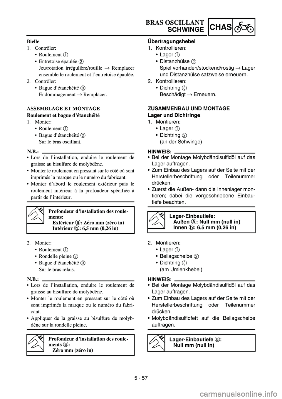 YAMAHA YZ450F 2007 Owners Manual 5 - 57
CHAS
Bielle
1. Contrôler:
Roulement 1
Entretoise épaulée 2
Jeu/rotation irrégulière/rouille → Remplacer
ensemble le roulement et l’entretoise épaulée.
2. Contrôler:
Bague d’ YAMAHA YZ450F 2007 Owners Manual 5 - 57
CHAS
Bielle
1. Contrôler:
Roulement 1
Entretoise épaulée 2
Jeu/rotation irrégulière/rouille → Remplacer
ensemble le roulement et l’entretoise épaulée.
2. Contrôler:
Bague d’