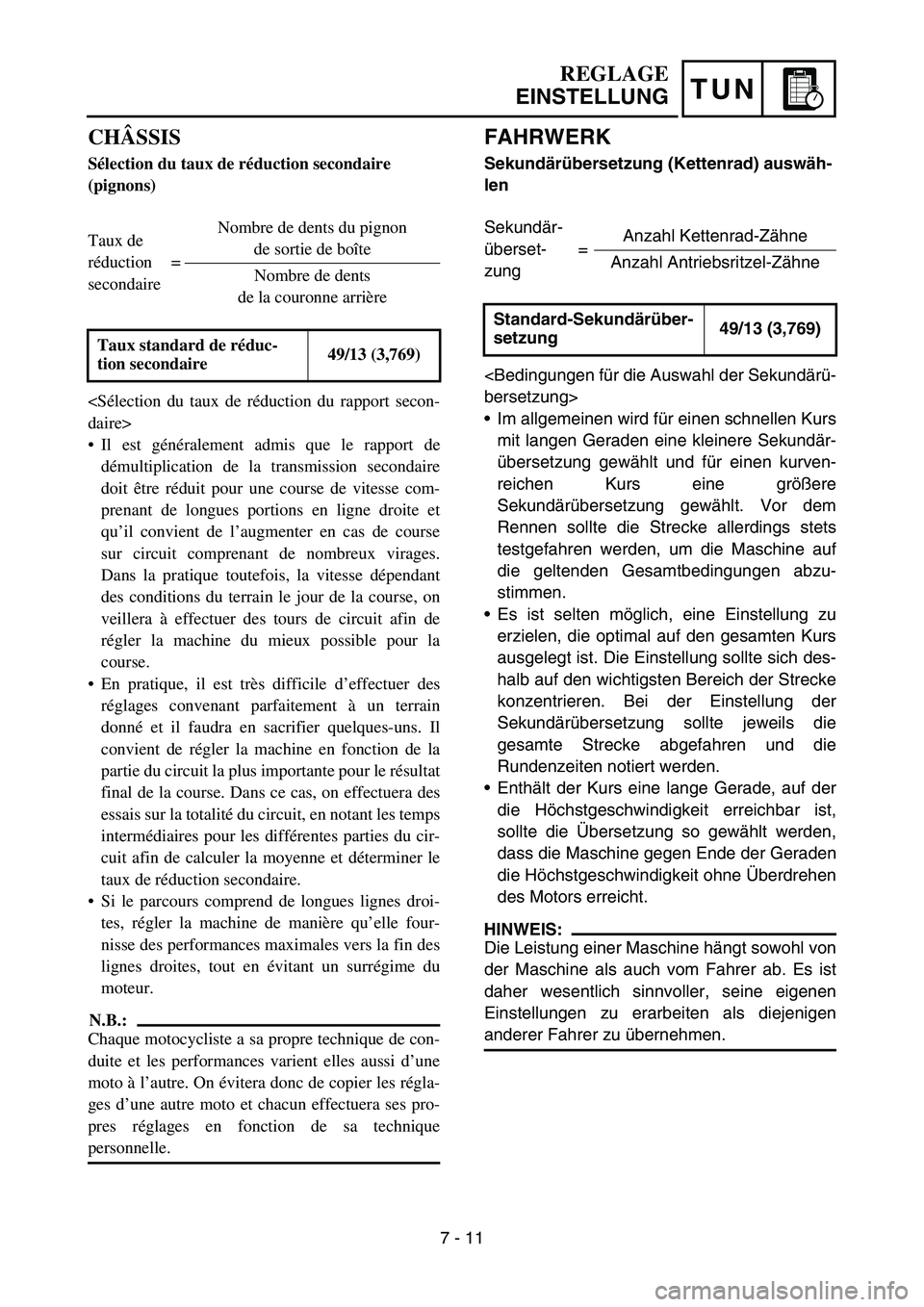 YAMAHA YZ450F 2007 Owners Manual TUN
FAHRWERK
Sekundärübersetzung (Kettenrad) auswäh-
len
<Bedingungen für die Auswahl der Sekundärü-
bersetzung>
Im allgemeinen wird für einen schnellen Kurs
mit langen Geraden eine kleinere S YAMAHA YZ450F 2007 Owners Manual TUN
FAHRWERK
Sekundärübersetzung (Kettenrad) auswäh-
len
<Bedingungen für die Auswahl der Sekundärü-
bersetzung>
Im allgemeinen wird für einen schnellen Kurs
mit langen Geraden eine kleinere S