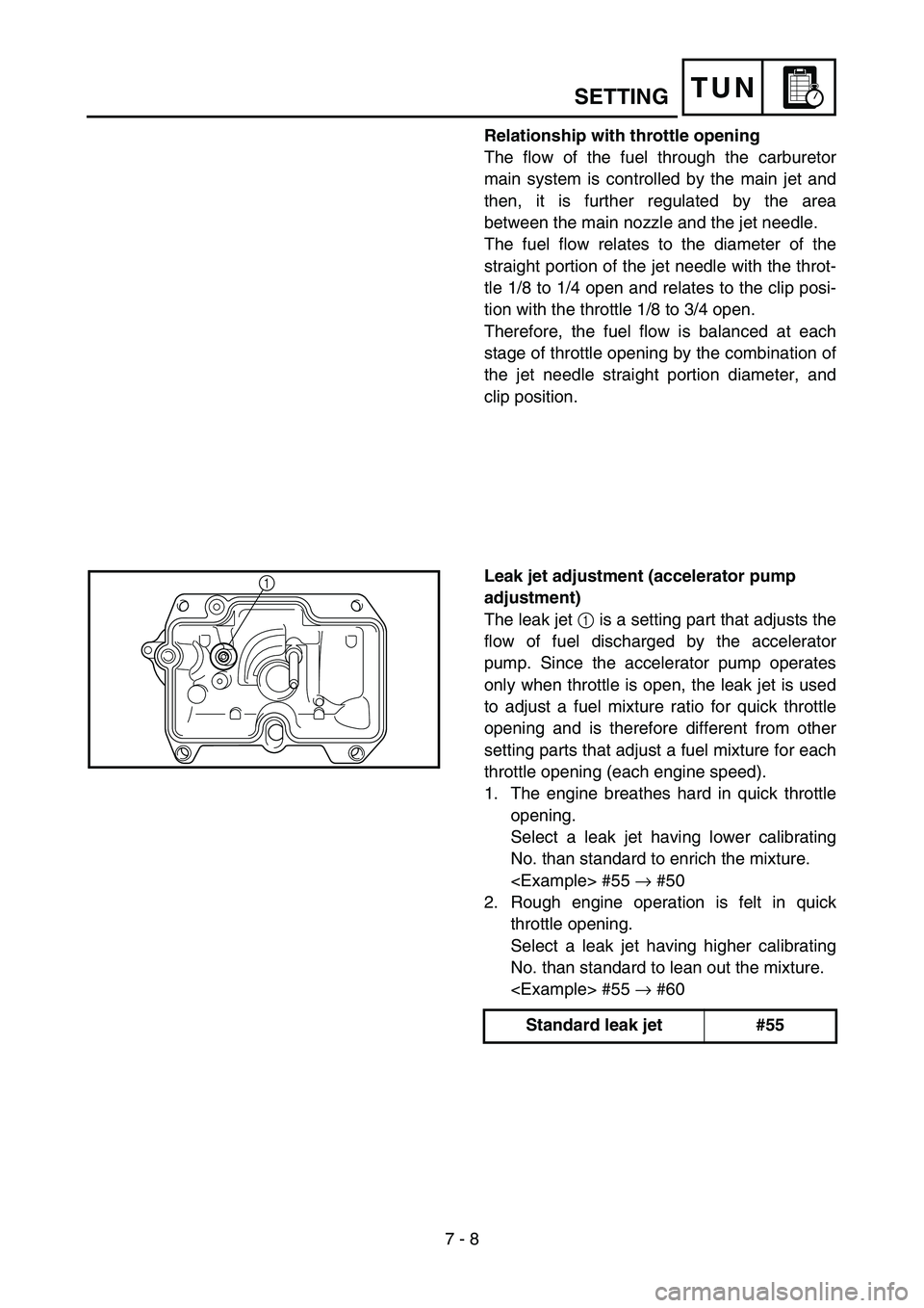 YAMAHA YZ450F 2006 Owners Manual 7 - 8
TUN
Relationship with throttle opening
The flow of the fuel through the carburetor
main system is controlled by the main jet and
then, it is further regulated by the area
between the main nozzle YAMAHA YZ450F 2006 Owners Manual 7 - 8
TUN
Relationship with throttle opening
The flow of the fuel through the carburetor
main system is controlled by the main jet and
then, it is further regulated by the area
between the main nozzle