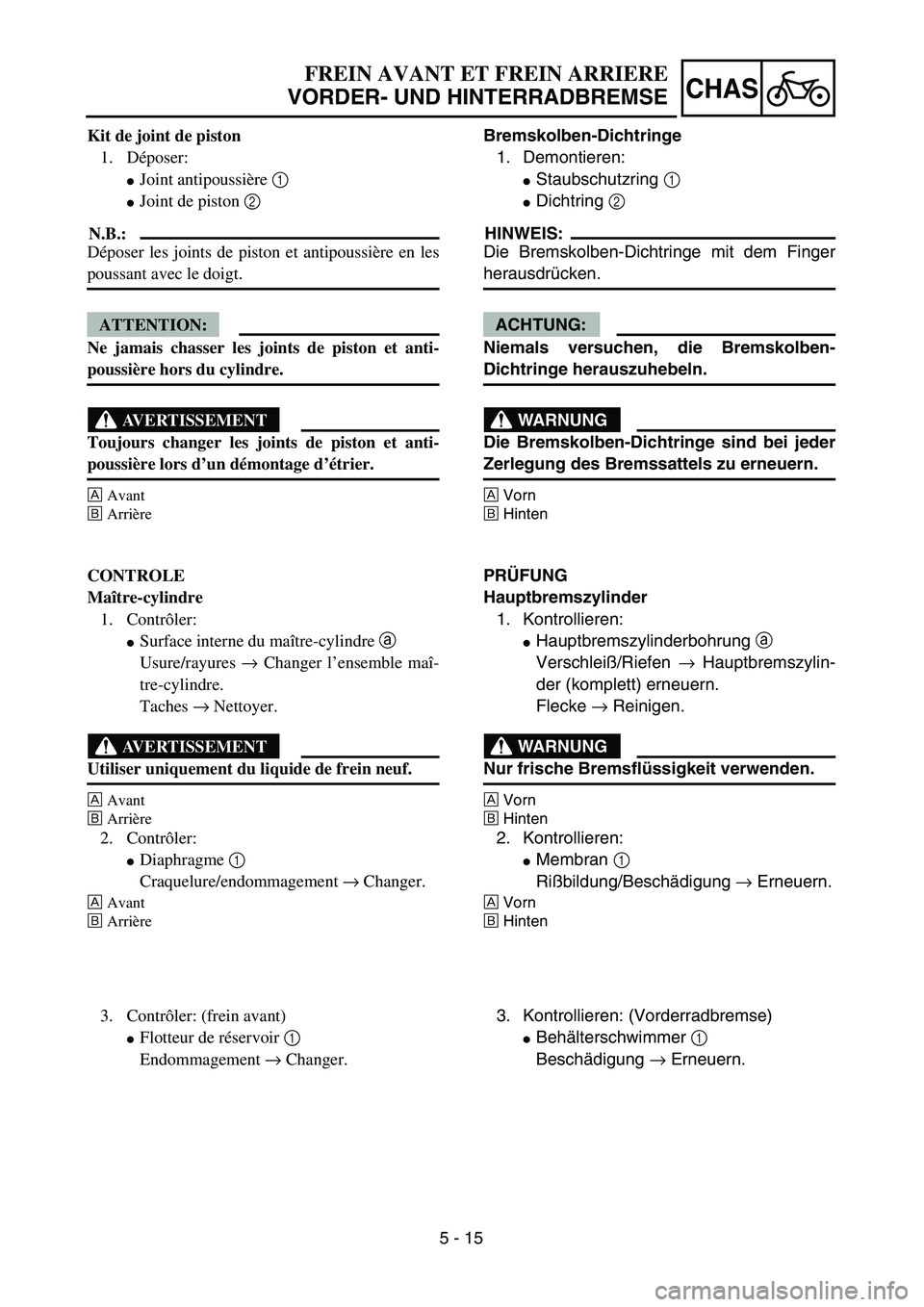 YAMAHA YZ450F 2004  Notices Demploi (in French) 5 - 15
CHAS
FREIN AVANT ET FREIN ARRIERE
VORDER- UND HINTERRADBREMSE
Bremskolben-Dichtringe
1. Demontieren:
Staubschutzring 1 
Dichtring 2 
HINWEIS:
Die Bremskolben-Dichtringe mit dem Finger
herausd