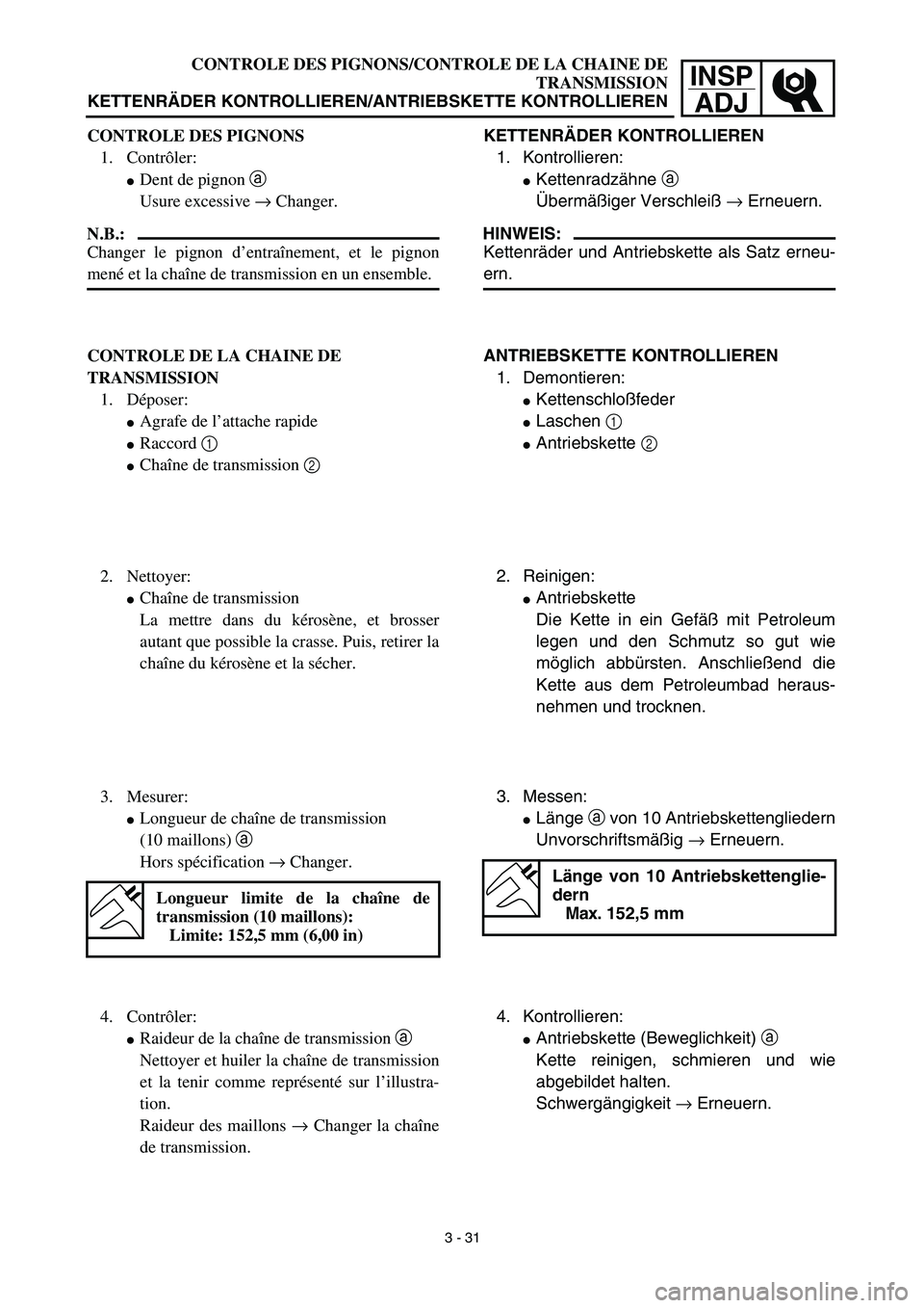 YAMAHA YZ450F 2003 Notices Demploi (in French) INSP
ADJ
CONTROLE DES PIGNONS/CONTROLE DE LA CHAINE DE
TRANSMISSION
KETTENRÄDER KONTROLLIEREN/ANTRIEBSKETTE KONTROLLIEREN
KETTENRÄDER KONTROLLIEREN
1. Kontrollieren:
Kettenradzähne a
Übermäßig YAMAHA YZ450F 2003 Notices Demploi (in French) INSP
ADJ
CONTROLE DES PIGNONS/CONTROLE DE LA CHAINE DE
TRANSMISSION
KETTENRÄDER KONTROLLIEREN/ANTRIEBSKETTE KONTROLLIEREN
KETTENRÄDER KONTROLLIEREN
1. Kontrollieren:
Kettenradzähne a
Übermäßig