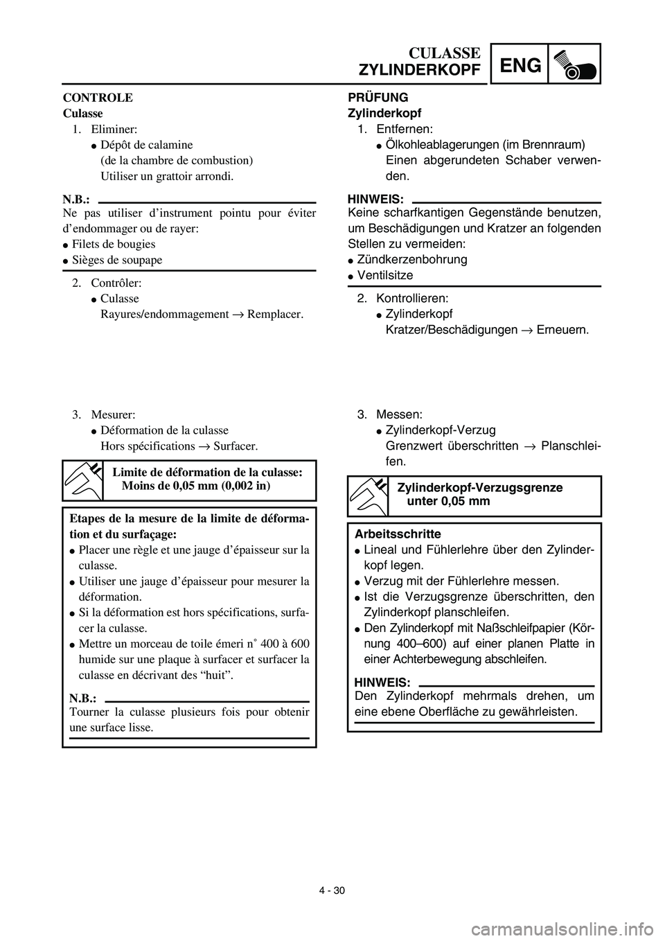 YAMAHA YZ450F 2003 Notices Demploi (in French) 4 - 30
ENG
CULASSE
ZYLINDERKOPF
PRÜFUNG
Zylinderkopf
1. Entfernen:
Ölkohleablagerungen (im Brennraum)
Einen abgerundeten Schaber verwen-
den.
HINWEIS:
Keine scharfkantigen Gegenstände benutzen,
um YAMAHA YZ450F 2003 Notices Demploi (in French) 4 - 30
ENG
CULASSE
ZYLINDERKOPF
PRÜFUNG
Zylinderkopf
1. Entfernen:
Ölkohleablagerungen (im Brennraum)
Einen abgerundeten Schaber verwen-
den.
HINWEIS:
Keine scharfkantigen Gegenstände benutzen,
um