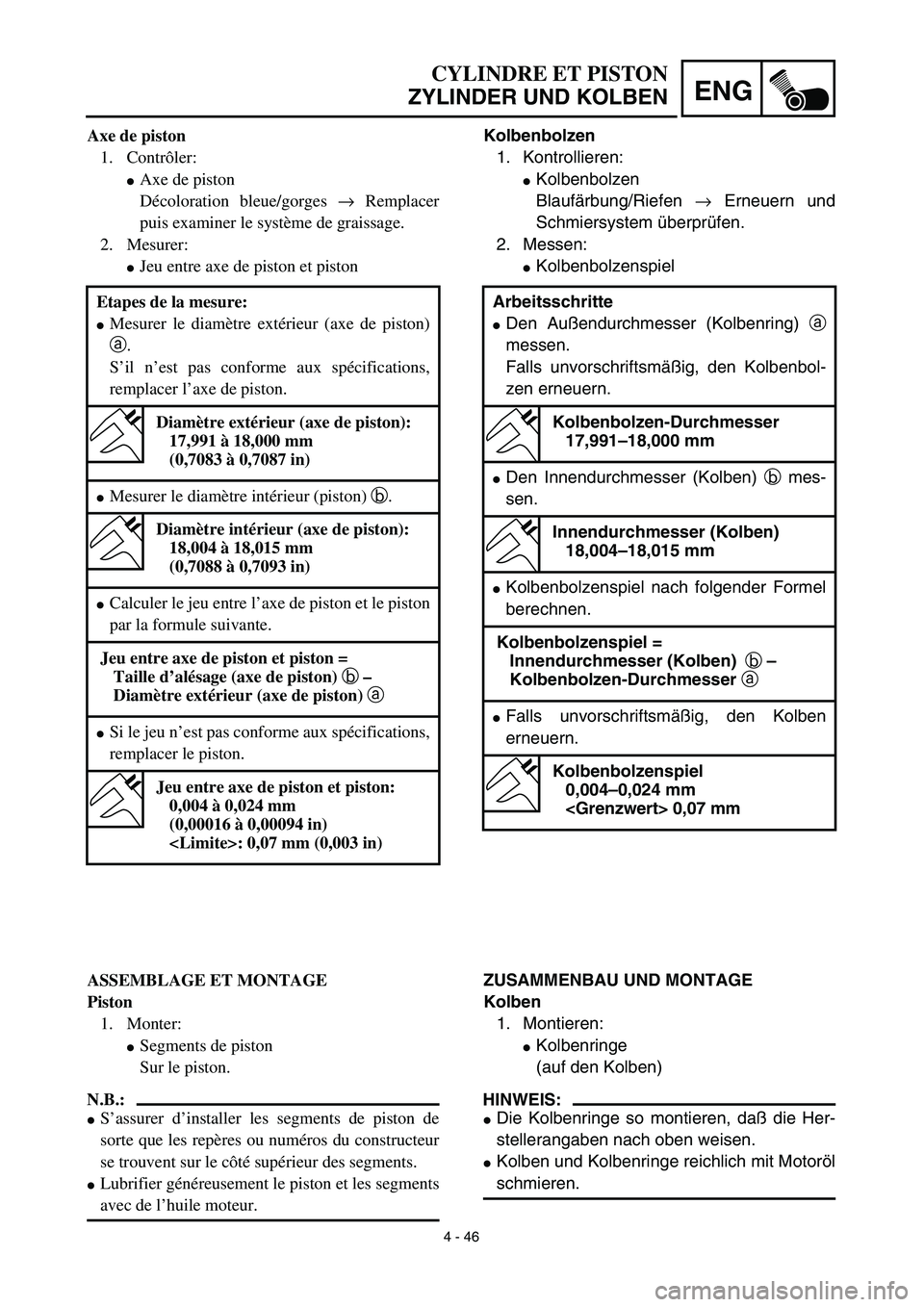 YAMAHA YZ450F 2003 Notices Demploi (in French) 4 - 46
ENG
CYLINDRE ET PISTON
ZYLINDER UND KOLBEN
Kolbenbolzen
1. Kontrollieren:
Kolbenbolzen
Blaufärbung/Riefen → Erneuern und
Schmiersystem überprüfen.
2. Messen:
Kolbenbolzenspiel
ZUSAMMENBA YAMAHA YZ450F 2003 Notices Demploi (in French) 4 - 46
ENG
CYLINDRE ET PISTON
ZYLINDER UND KOLBEN
Kolbenbolzen
1. Kontrollieren:
Kolbenbolzen
Blaufärbung/Riefen → Erneuern und
Schmiersystem überprüfen.
2. Messen:
Kolbenbolzenspiel
ZUSAMMENBA