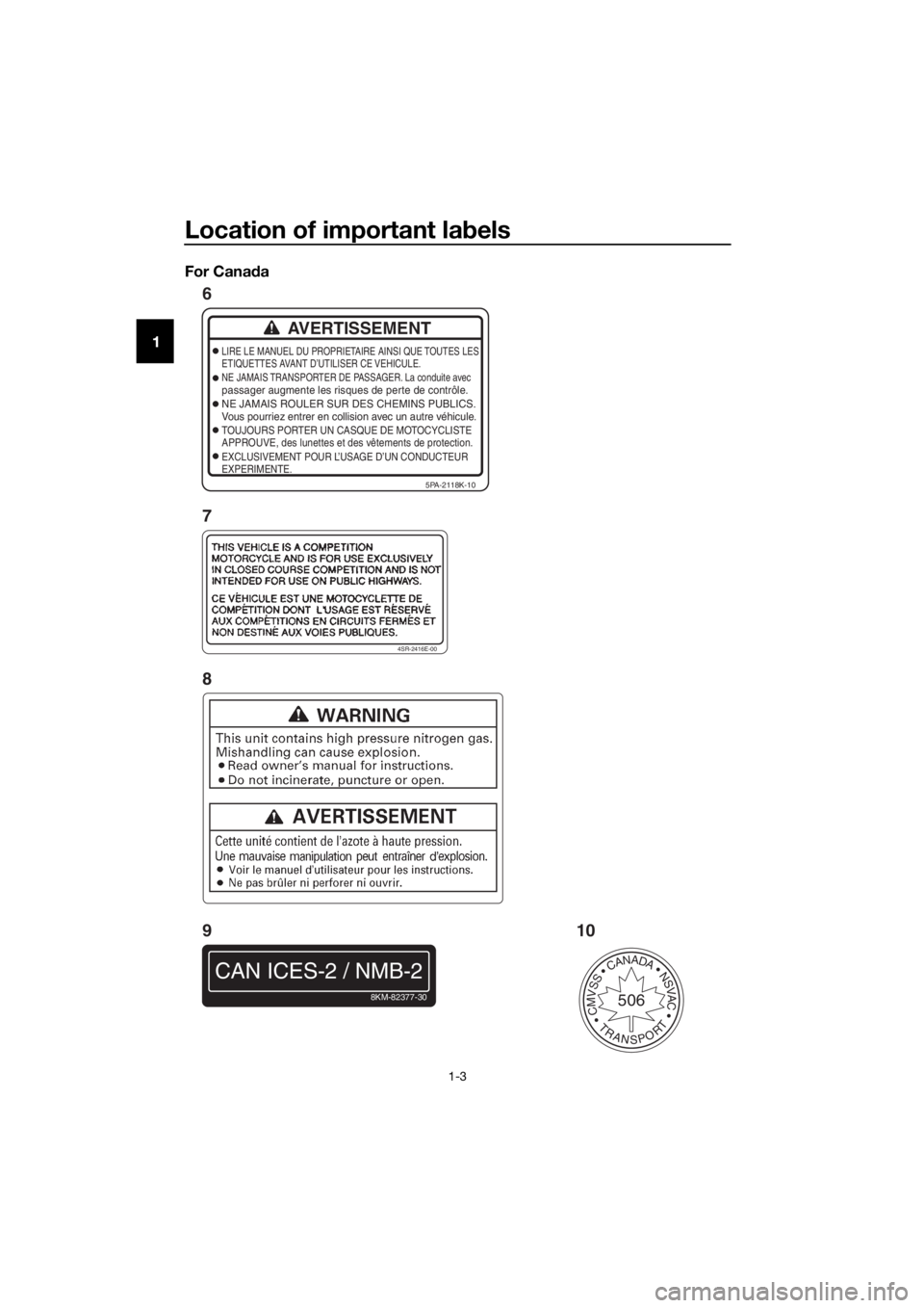 YAMAHA YZ65 2018  Owners Manual Location of important labels
1-3
1 For Cana
daAVERTISSEMENT
LIRE LE MANUEL DU PROPRIETAIRE AINSI QUE TOUTES LES
ETIQUETTES AVANT D’UTILISER CE VEHICULE.
NE JAMAIS TRANSPORTER DE PASSAGER. La conduit