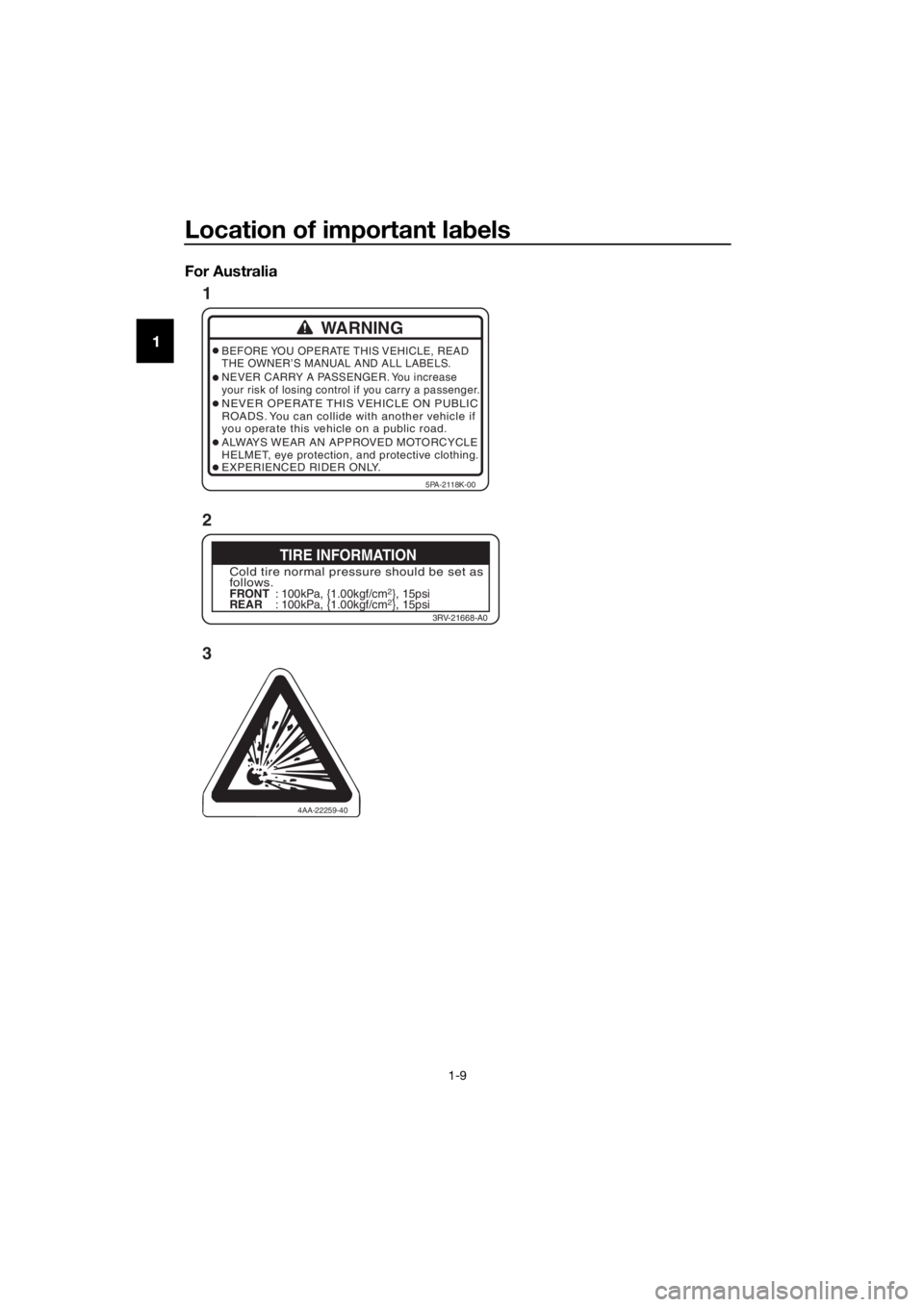 YAMAHA YZ65 2018  Owners Manual Location of important labels
1-9
1 For Australia
4AA-22259-40
WARNING
BEFORE YOU OPERATE THIS VEHICLE, READ
THE OWNER’S MANUAL AND ALL LABELS.
NEVER CARRY A PASSENGER. You increase
your risk of losi