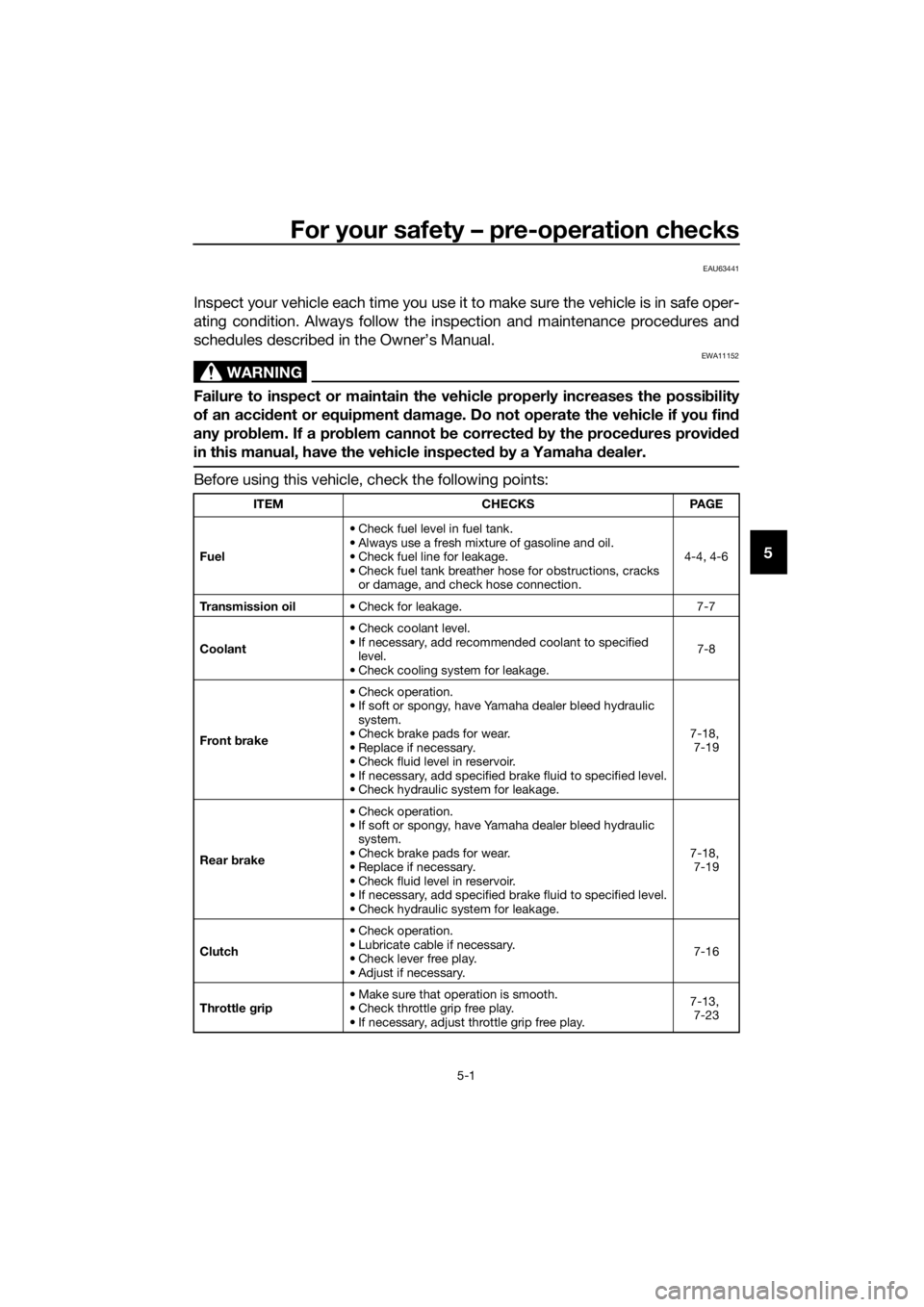 YAMAHA YZ65 2018  Owners Manual For your safety – pre-operation checks
5-1
5
EAU63441
Inspect your vehicle each time you use it to make sure the vehicle is in safe oper-
ating condition. Always follow the inspection and maintenanc