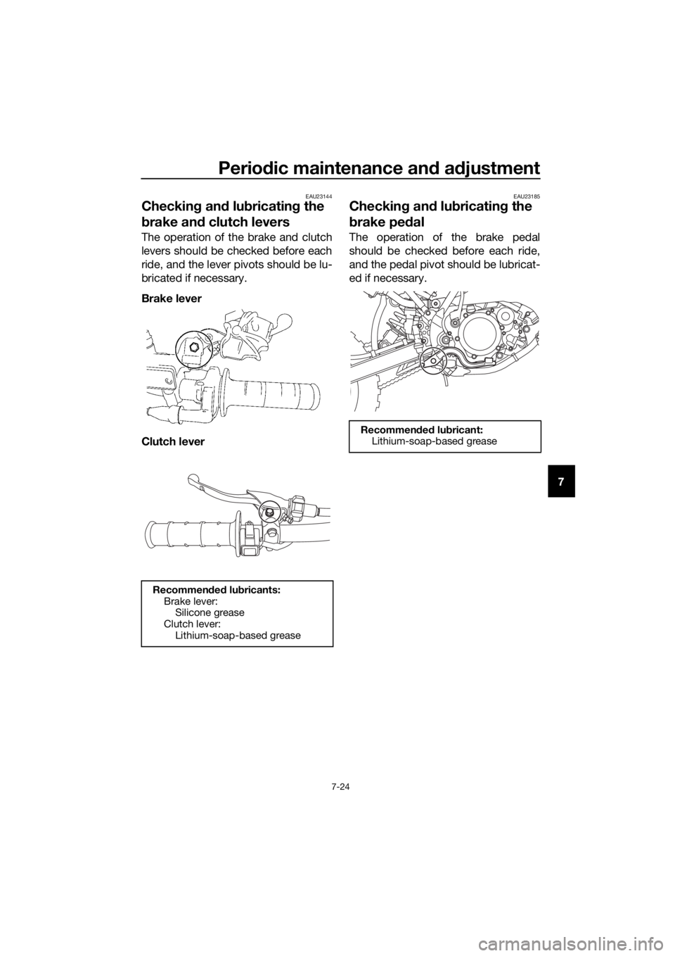 YAMAHA YZ65 2018  Owners Manual Periodic maintenance an d a djustment
7-24
7
EAU23144
Checkin g an d lu bricatin g the 
b rake an d clutch levers
The operation of the brake and clutch
levers should be checked before each
ride, and t