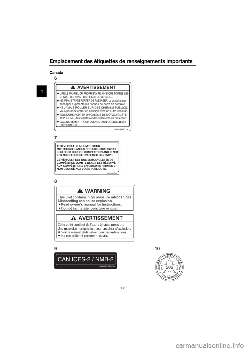 YAMAHA YZ65 2018  Notices Demploi (in French) Emplacement des étiquettes  de renseignements importants
1-3
1
Cana da
AVERTISSEMENT
LIRE LE MANUEL DU PROPRIETAIRE AINSI QUE TOUTES LES
ETIQUETTES AVANT D’UTILISER CE VEHICULE.
NE JAMAIS TRANSPORT